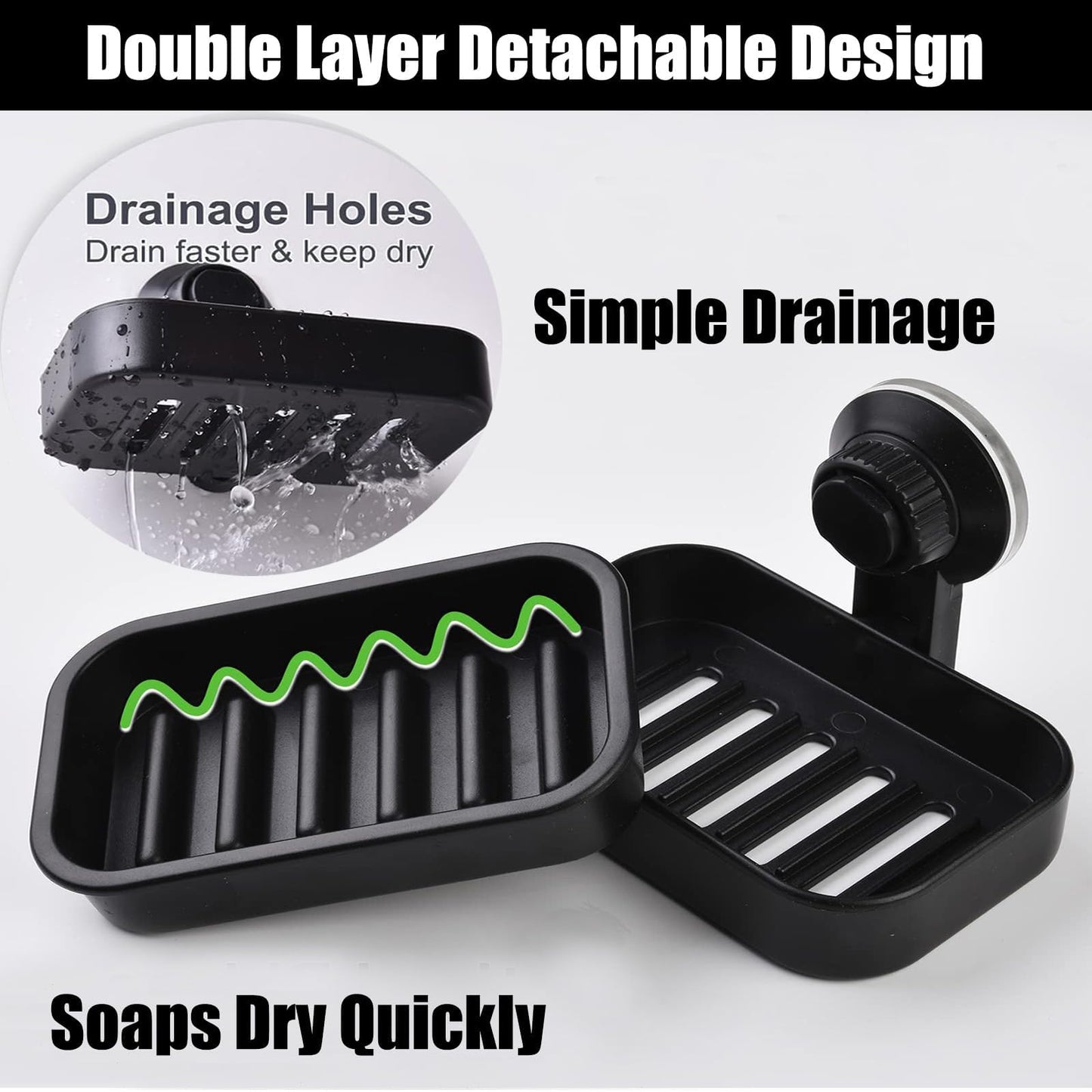 Suction Soap Dish for Bathroom, Shower Soap Bar Holder Tray with Drainage