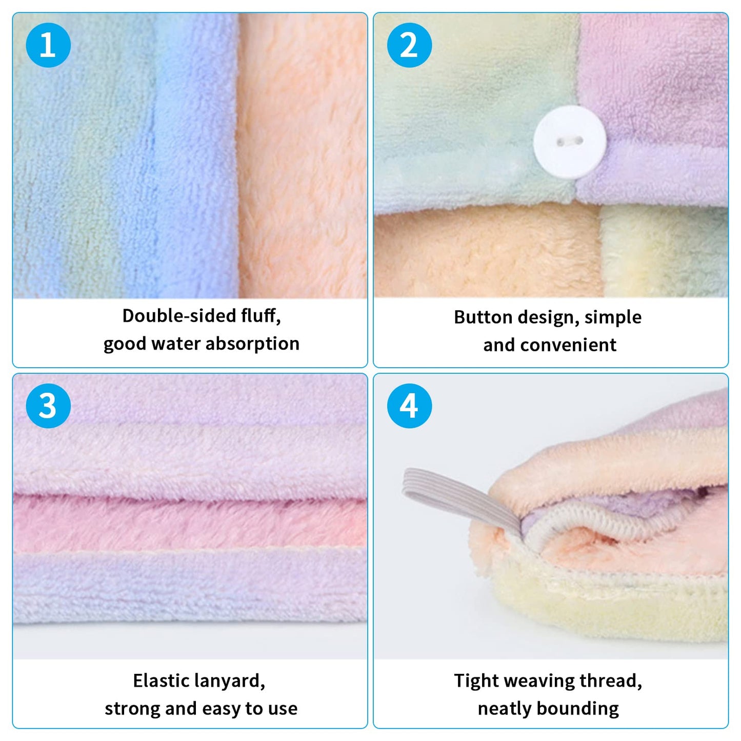QKTYB 2 Pack Microfiber Hair Towel Wrap Rainbow Quick Dry Super Absorbent Twist Turban Drying Hair Caps with Button Dry Hair Hat for Women Girl,65 x