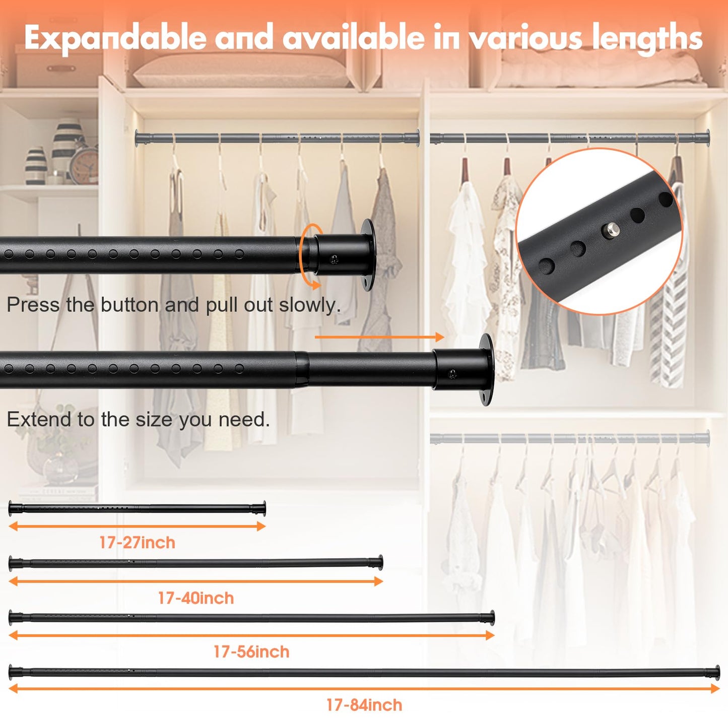 DAKEPOLE Clothes Rail, Extendable 40-135 cm, Heavy Duty Stainless Steel, Matt Black Powder Coat, Matt Black