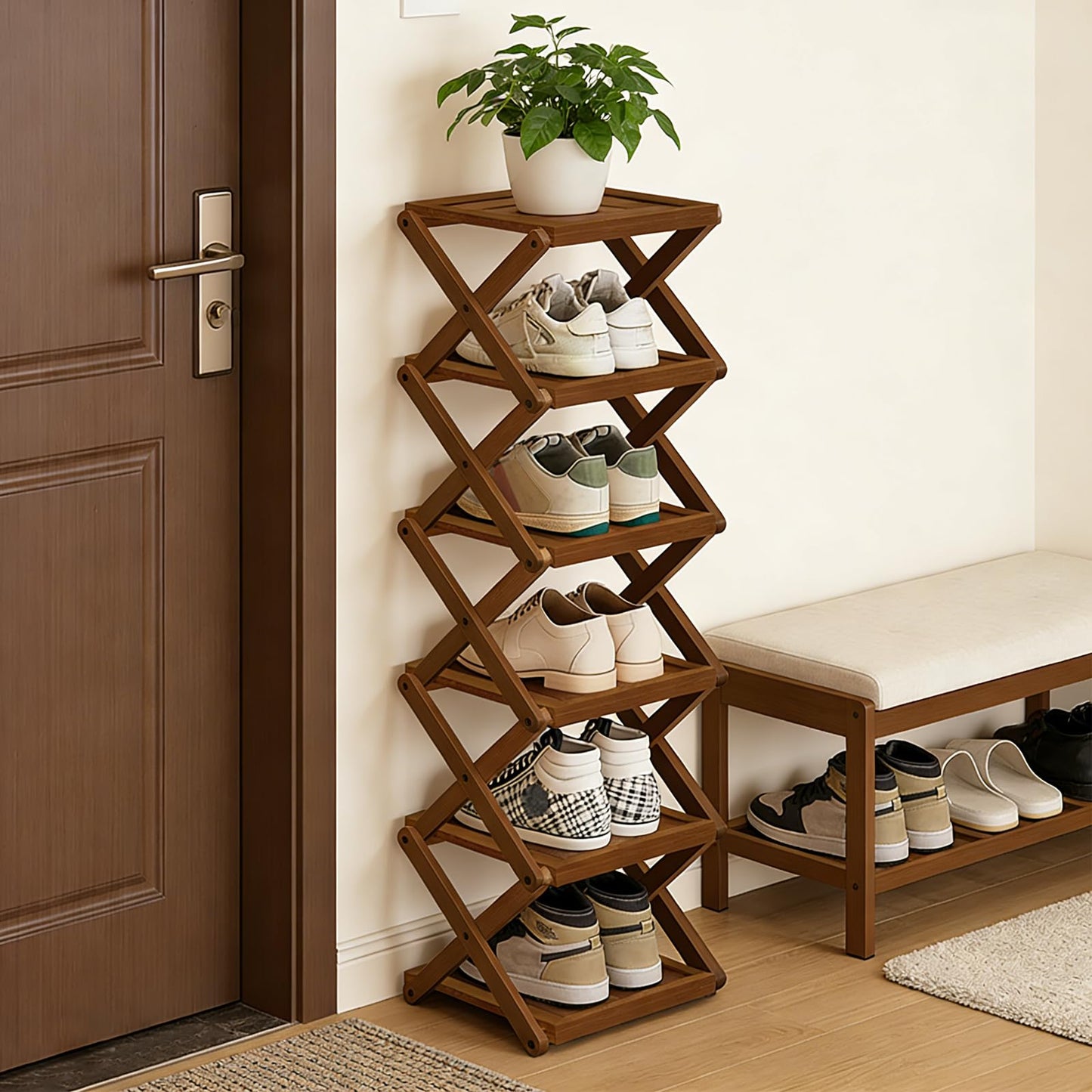 YYW Shoe Rack, Foldable Bamboo Shoes Shelf, Freestanding Shoe Storage Organiser for Entryway, Bedroom, Closet, Hallway - Natural