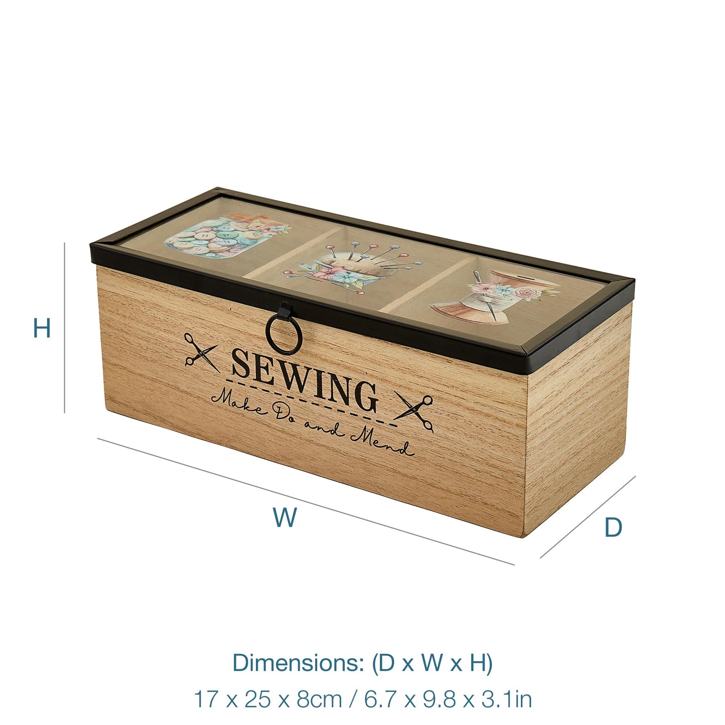 Trimits Wooden Sewing Box 24 x 10 x 9cm - Sewing Kit Box Craft Organiser with Clear Acrylic Lid and 3 Compartments