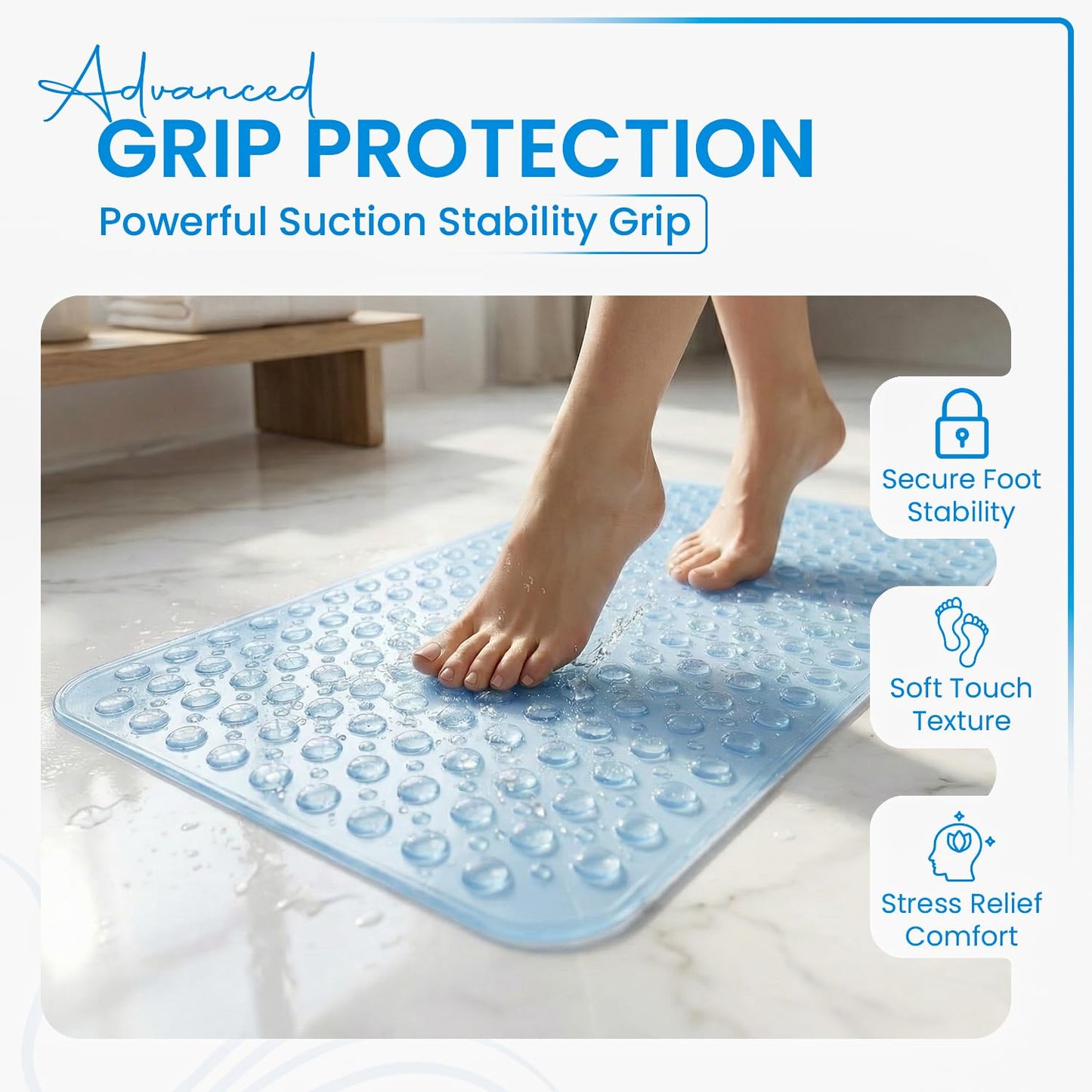 Rugs Garden Shower Bath Mats - Washable Non Slip Anti Mould Rubber Bathmat with Suction Cups for Bathtub and Bathroom (Sky Blue, 40x100 cm)