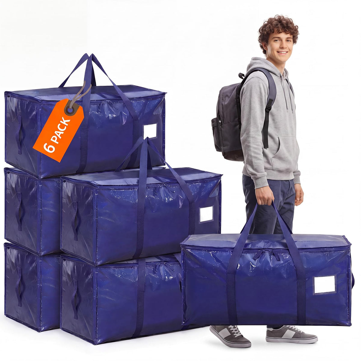 SUNNOW 6 Pack 90L Moving Bags with Handles, College Dorm Storage Bags, Blue