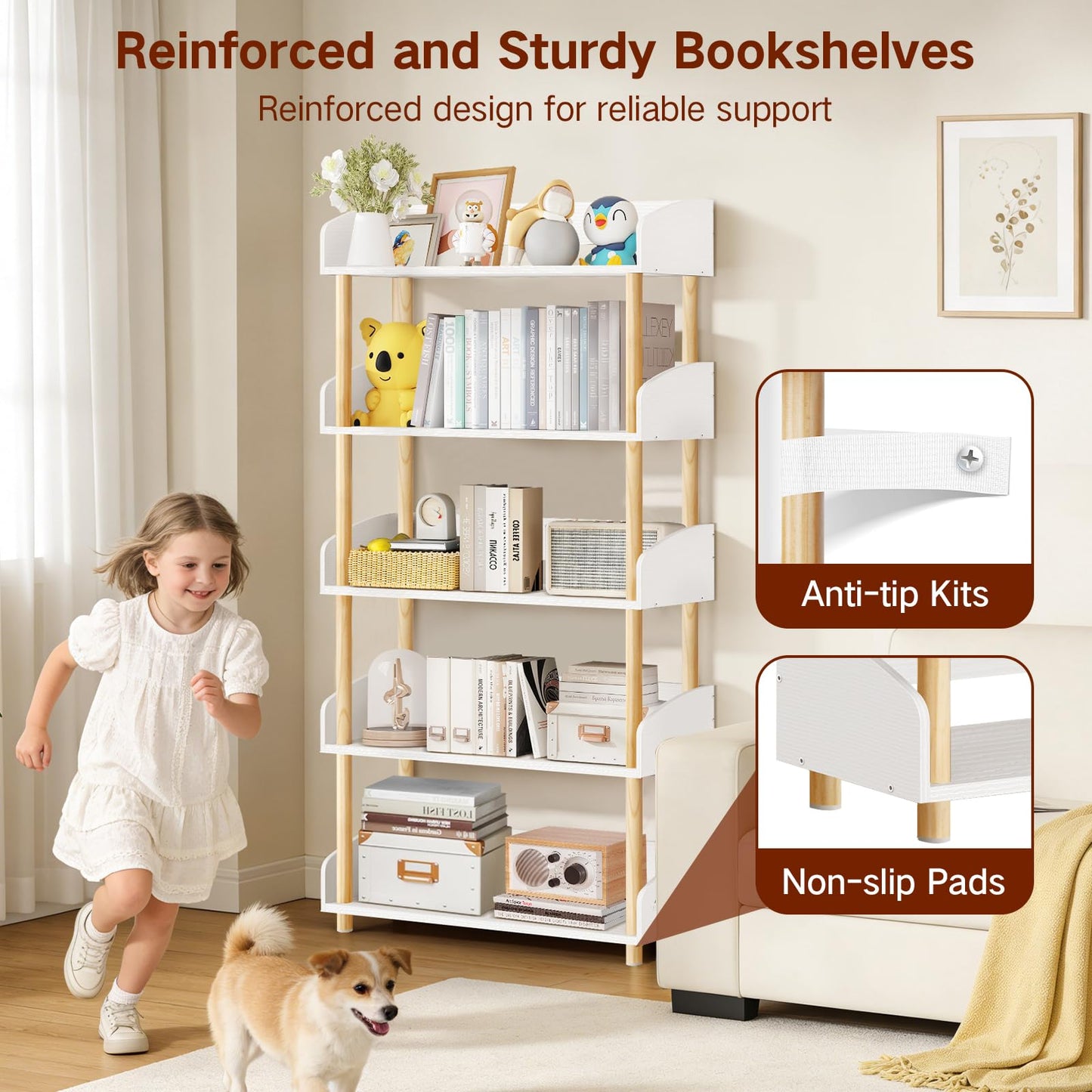 OUTONLIFE 5-Tier Wooden Open Bookcase, Modern Display Bookshelf with Solid Wood Frame and Rounded Corner Design, Storage Organizer for Living Room
