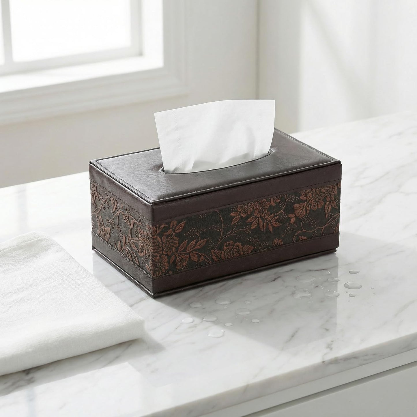 Premium PU Leather Tissue Box Cover - Rectangular Tissue Box Holder for Home, Office, Bathroom and Car