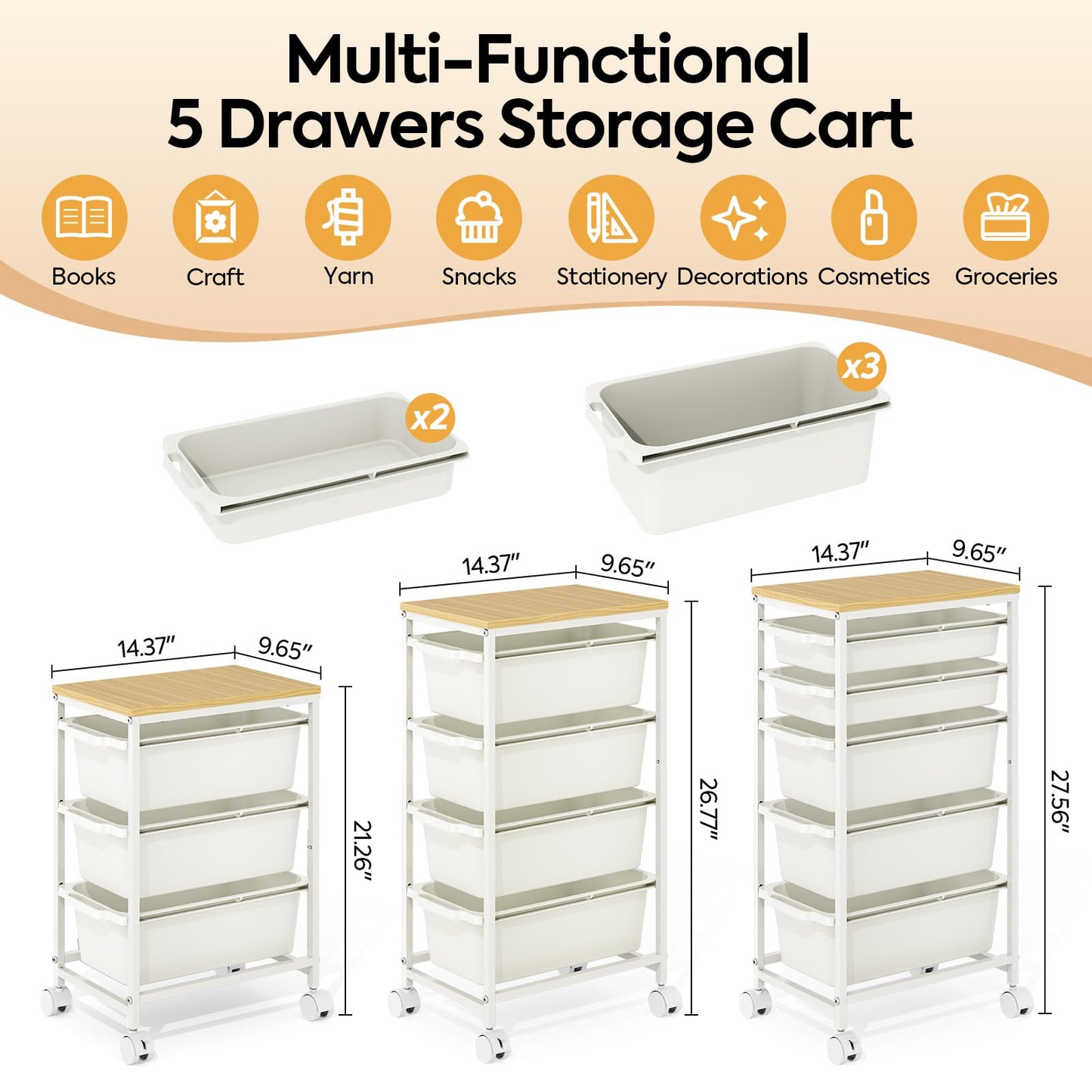 KINGBOARD 5 Drawers Storage Trolley on Wheels, White