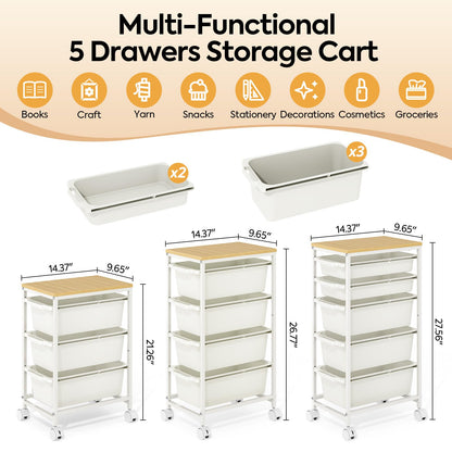 KINGBOARD 5 Drawers Storage Trolley on Wheels, White