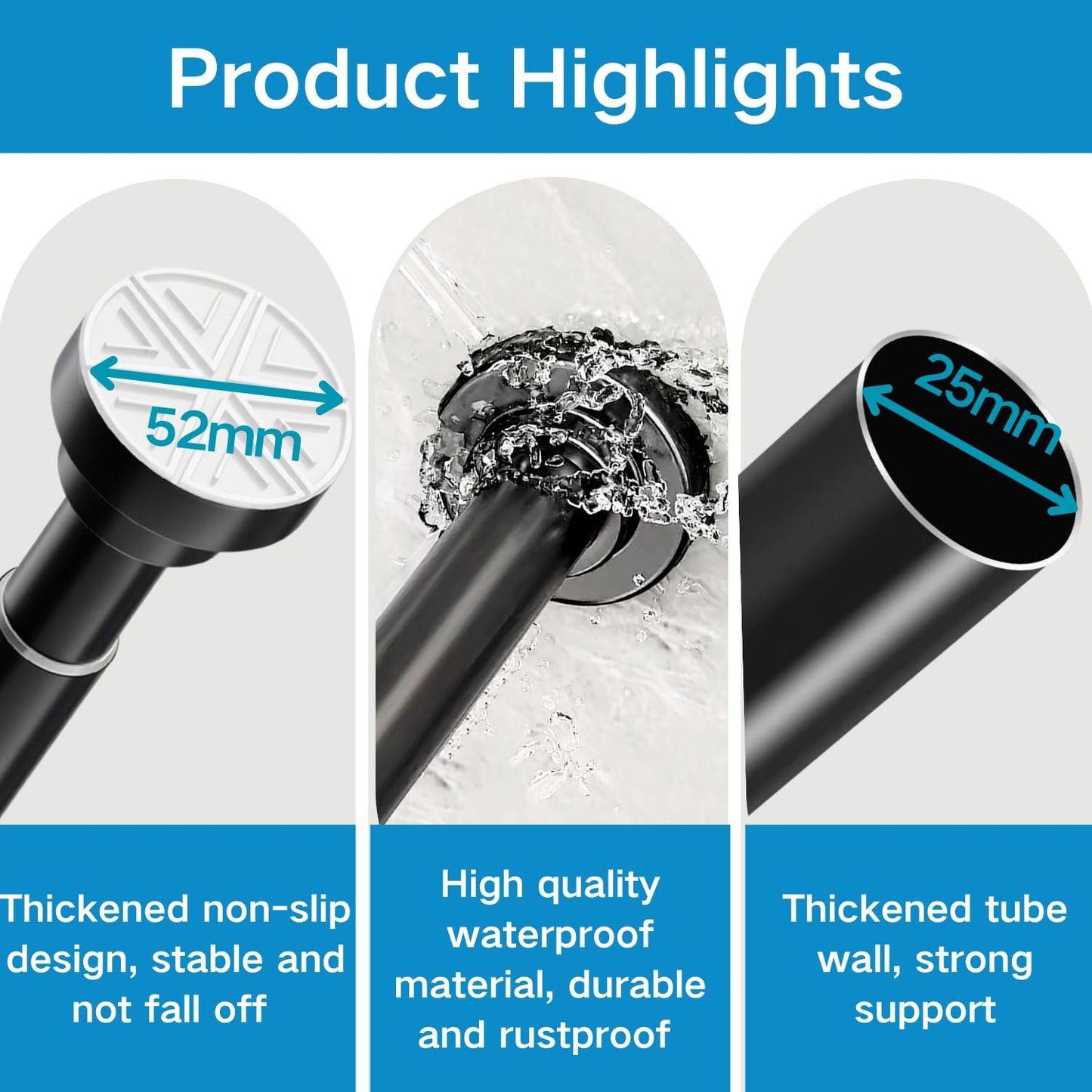 Shower Curtain Pole Extendable Tension Rods for Curtains Curtain Poles No Drilling Shower Curtain Rail Extendable Pole for Bathroom, Window, Door