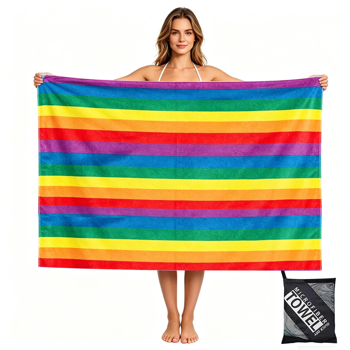 yayafunfun Large Quick Dry Microfibre Beach Towels for Adults,160X90cm Rainbow Bath Towel Travel Towels with Pockets,Lightweight Beach Towel for