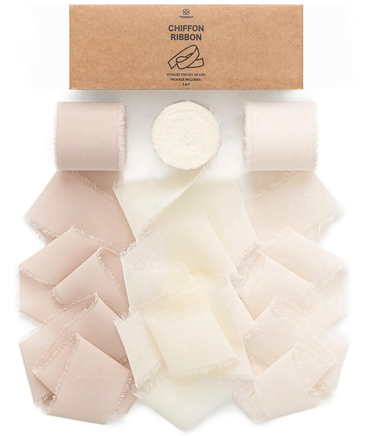 Vitalizart Chiffon Silky Ribbon 3 Rolls 1.5'' x 7 Yd Nude & White, 1.5'' x 21 Yd Ribbons Handmade Fringe for Wedding Invitations, Bridal Bouquets,