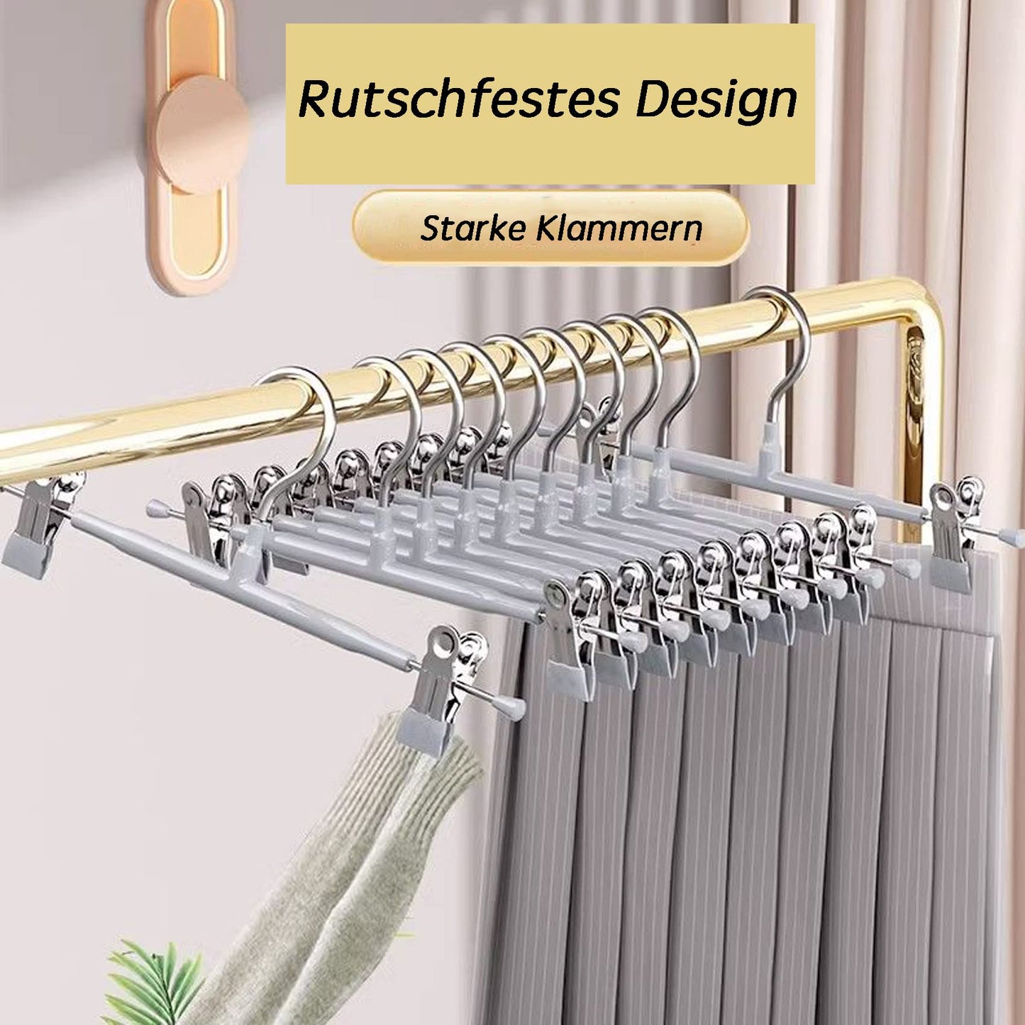 10Pack Trouser Hangers -Skirt Hangers with Adjustable Non Slip Clips Strong Chrome- Space Saving Pant Hangers,Heavy Duty Metal Hangers for Shorts
