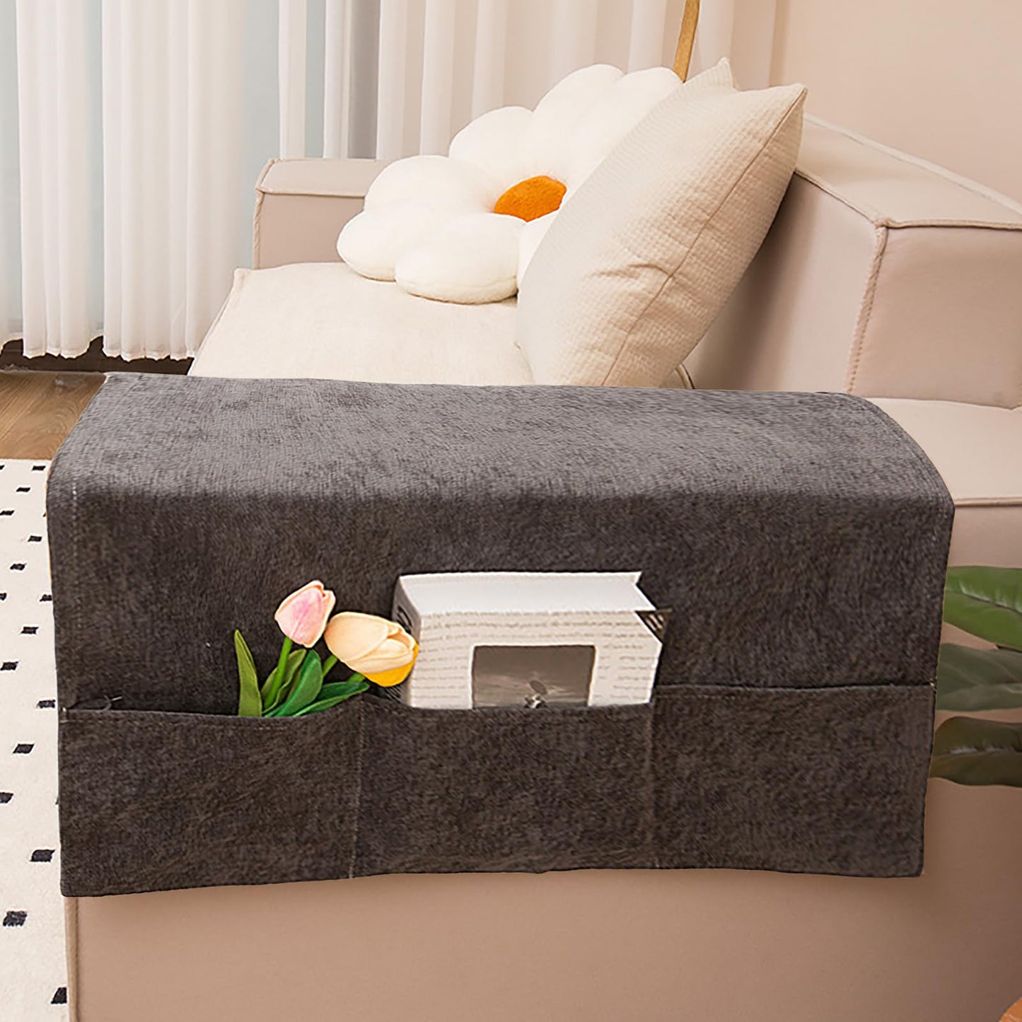 JIAHG Luxurious Chenille Sofa Armrest Organizer with 3 Side Pockets Universal Couch Armchair Caddy Storage Bag Armrest Cover Tidy Table Space Saver
