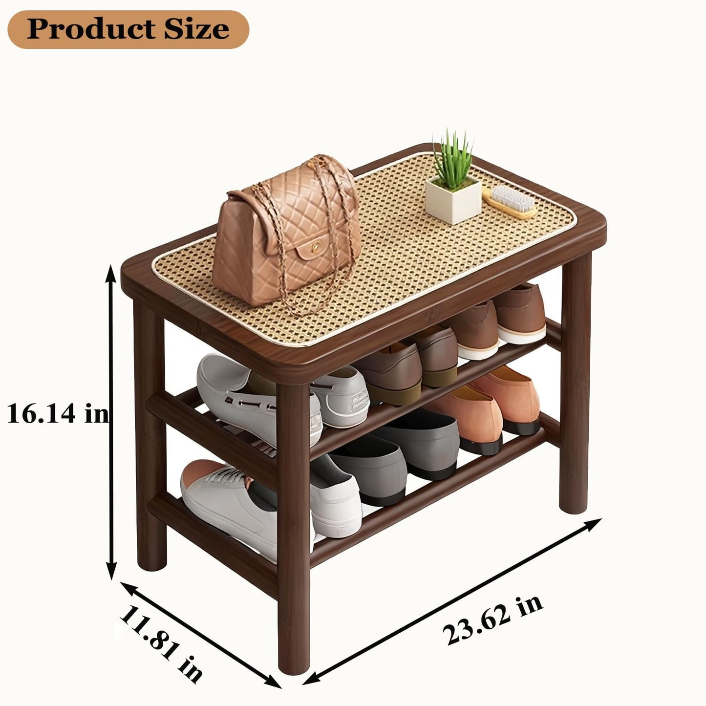 SOBIBO Bamboo Shoe Rack Bench with Rattan Seat, 3-Tier Shoe Storage Bench, Entryway Bench for Hallway Walnut-23.62 inches