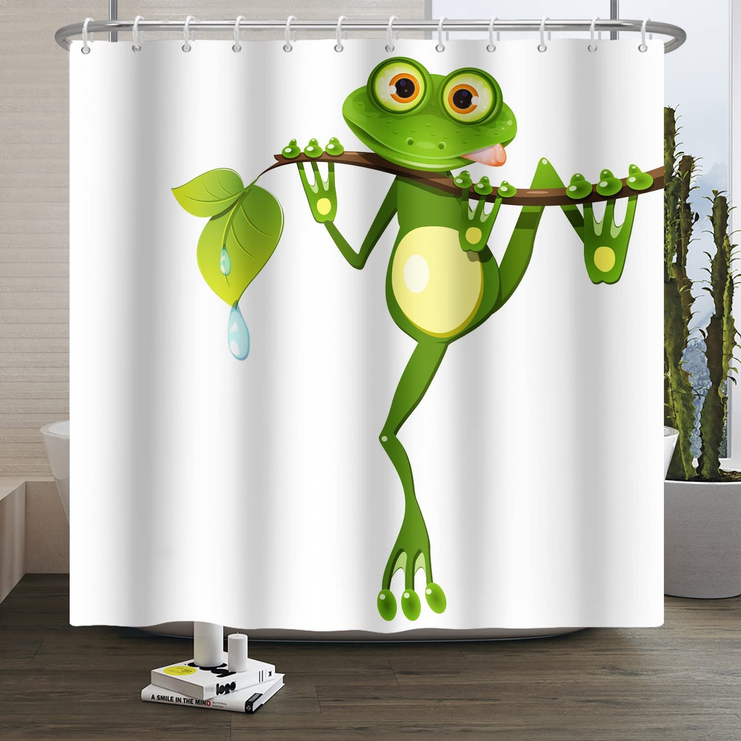 SDOTPMT 180x180cm Cute Cartoon Frog Shower Curtain Little Frog on Tree Branch Green Leaves Bath Curtain Summer Animal White Bathtub Curtain for Kids