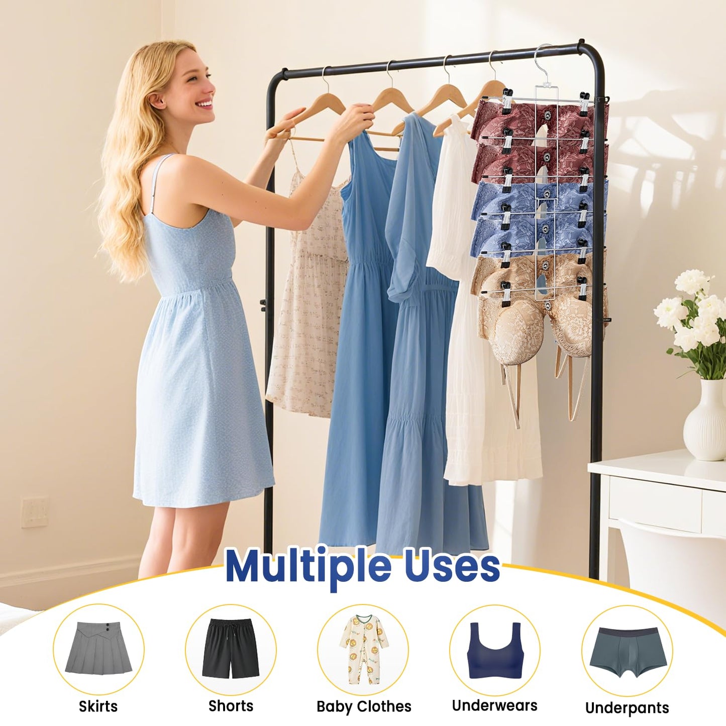 DAMITA Skirt Trouser Hangers with Clips Space Saving Hanging Closet Organizer 6 Tiers Multi Hanger with 360° Swivel Hook