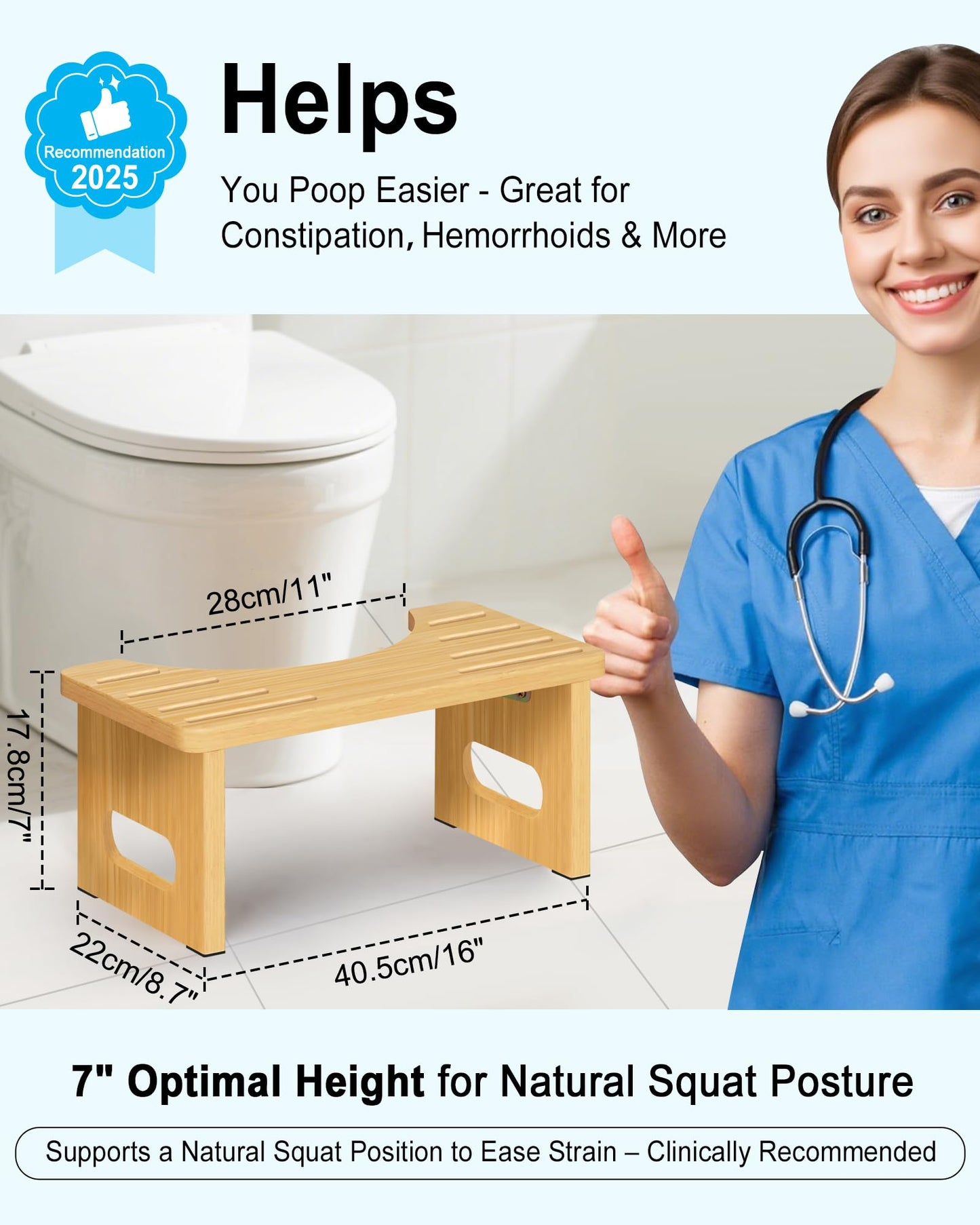 Toilet Stool 7 Inch Bamboo Squatting Step Stool for Adults, Kids & Elderly, Foldable Bathroom Stools , Anti-Slip & Easy to Clean Potty Tool