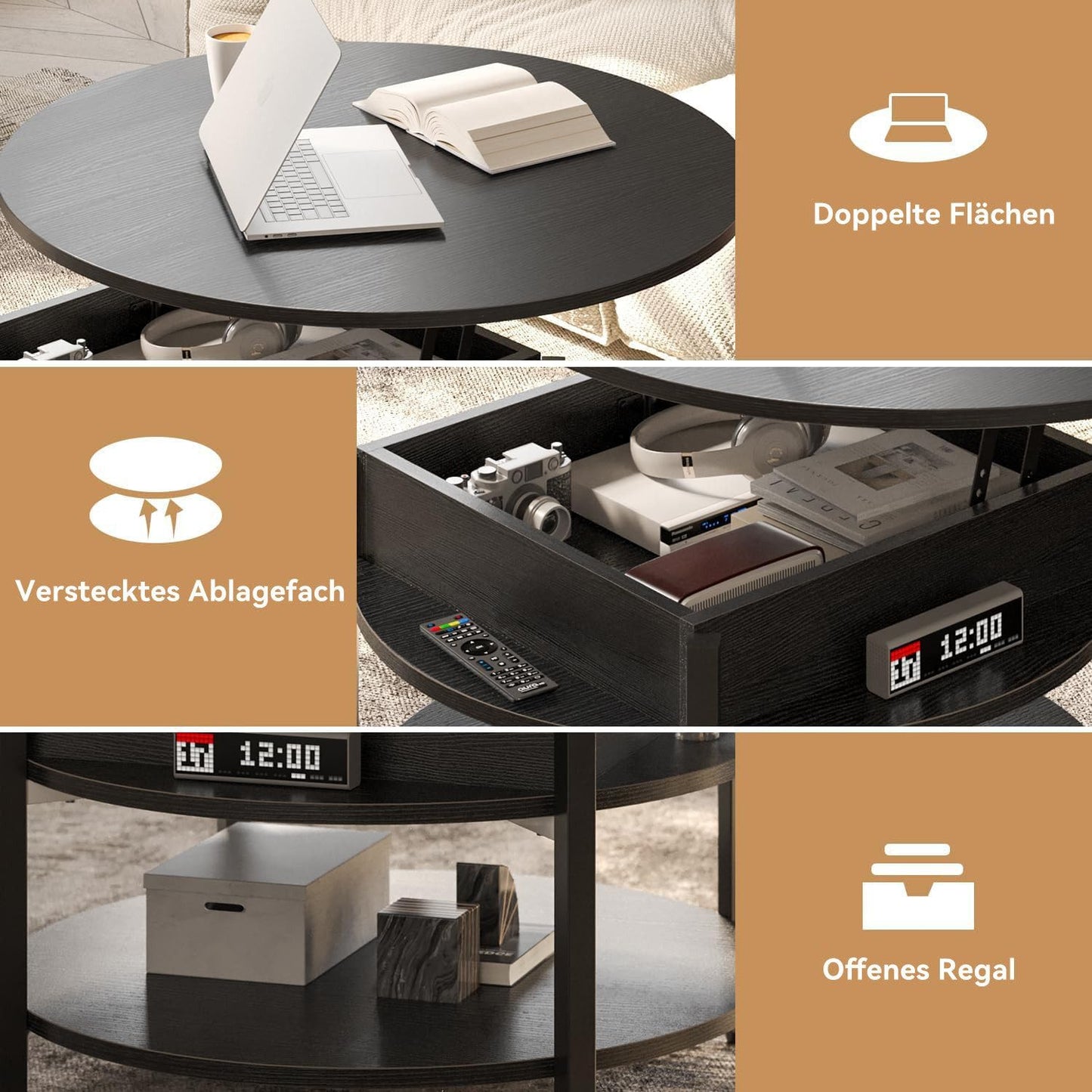 Mossora 68cm Black Round Lift Top Coffee Table with Hidden Storage