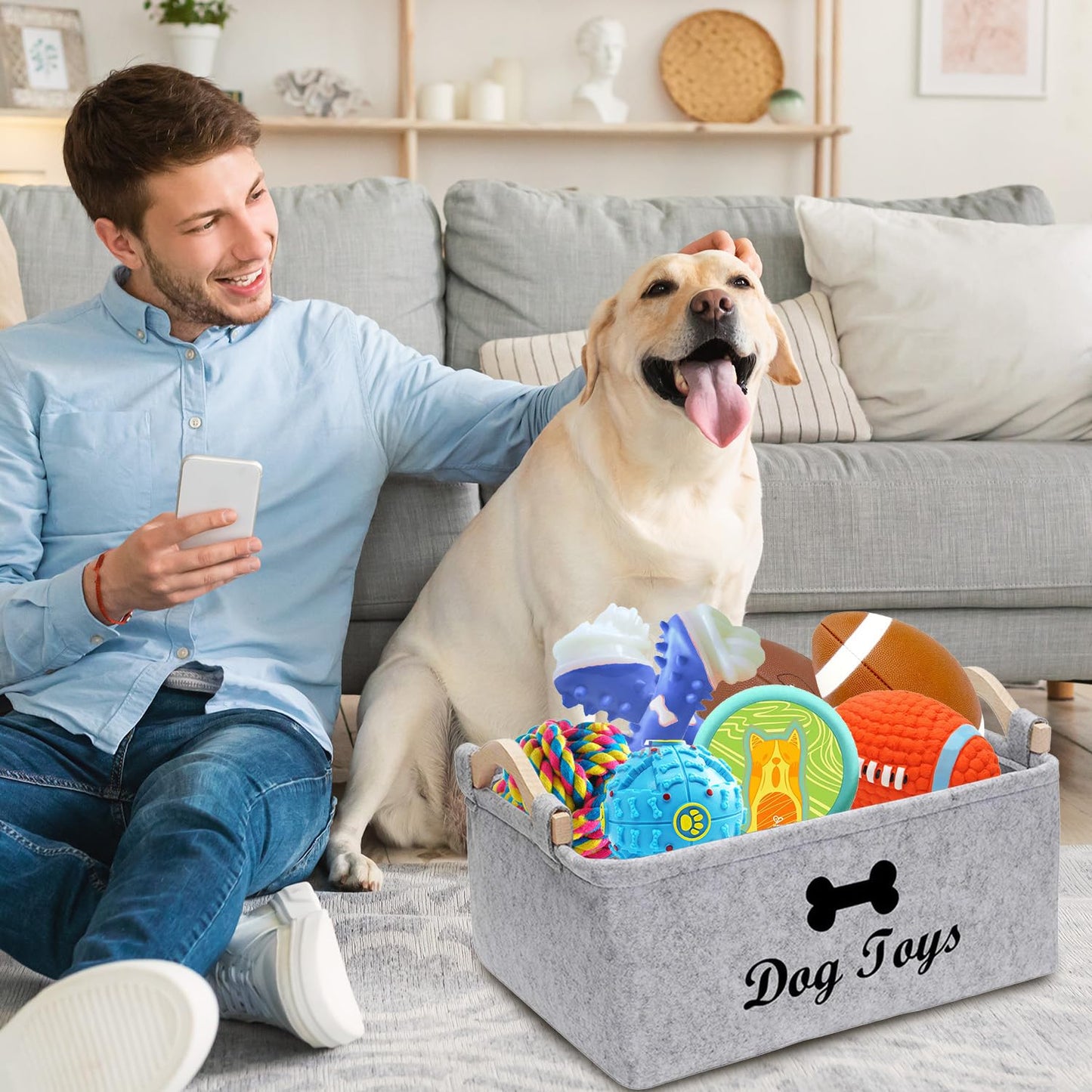 Onperpoe Dog Toy Basket with Wooden Handle, Collapsible Dog Toy Box Puppy Toys Box for Dogs, Pet Supplies Storage Basket, Dog Toys Storage