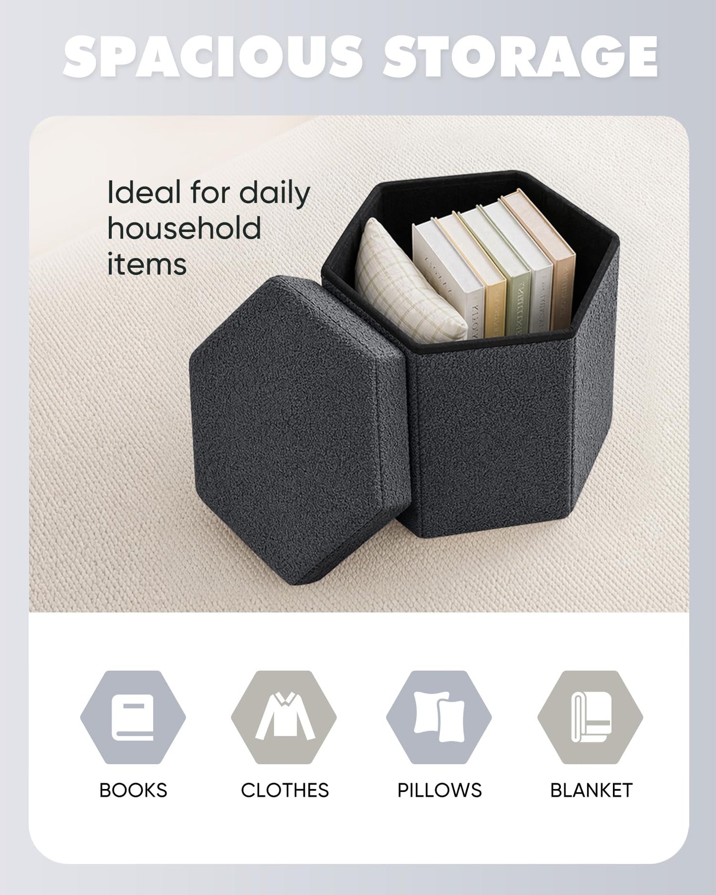 Bonlife Folding Storage Ottoman Hexagonal, Footrest with Toy Ches Box, 43cm