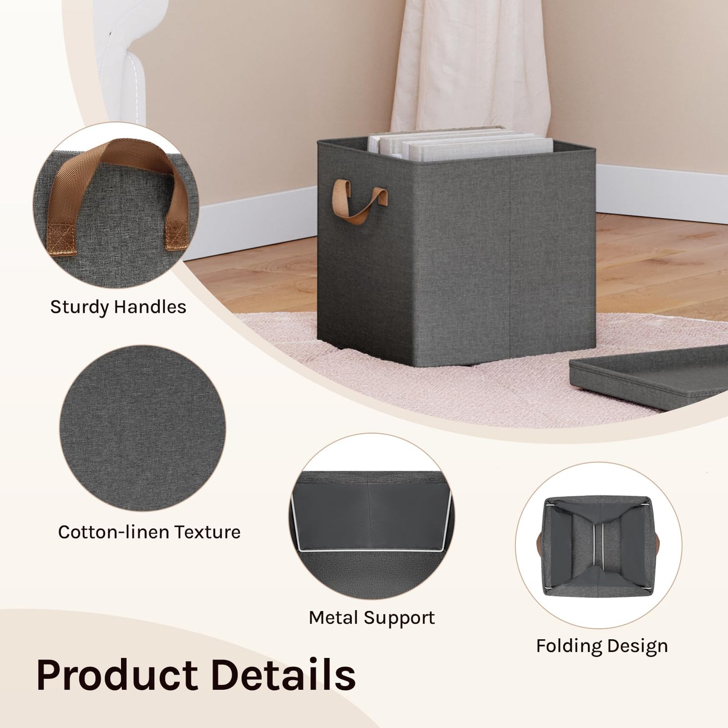 WOLTU Fabric Storage Boxes Set of 5, Folding Baskets with Lids, Handles, Metal Frame, Wardrobe Toy Organisers for Living Room, Bedroom, Office, Grey