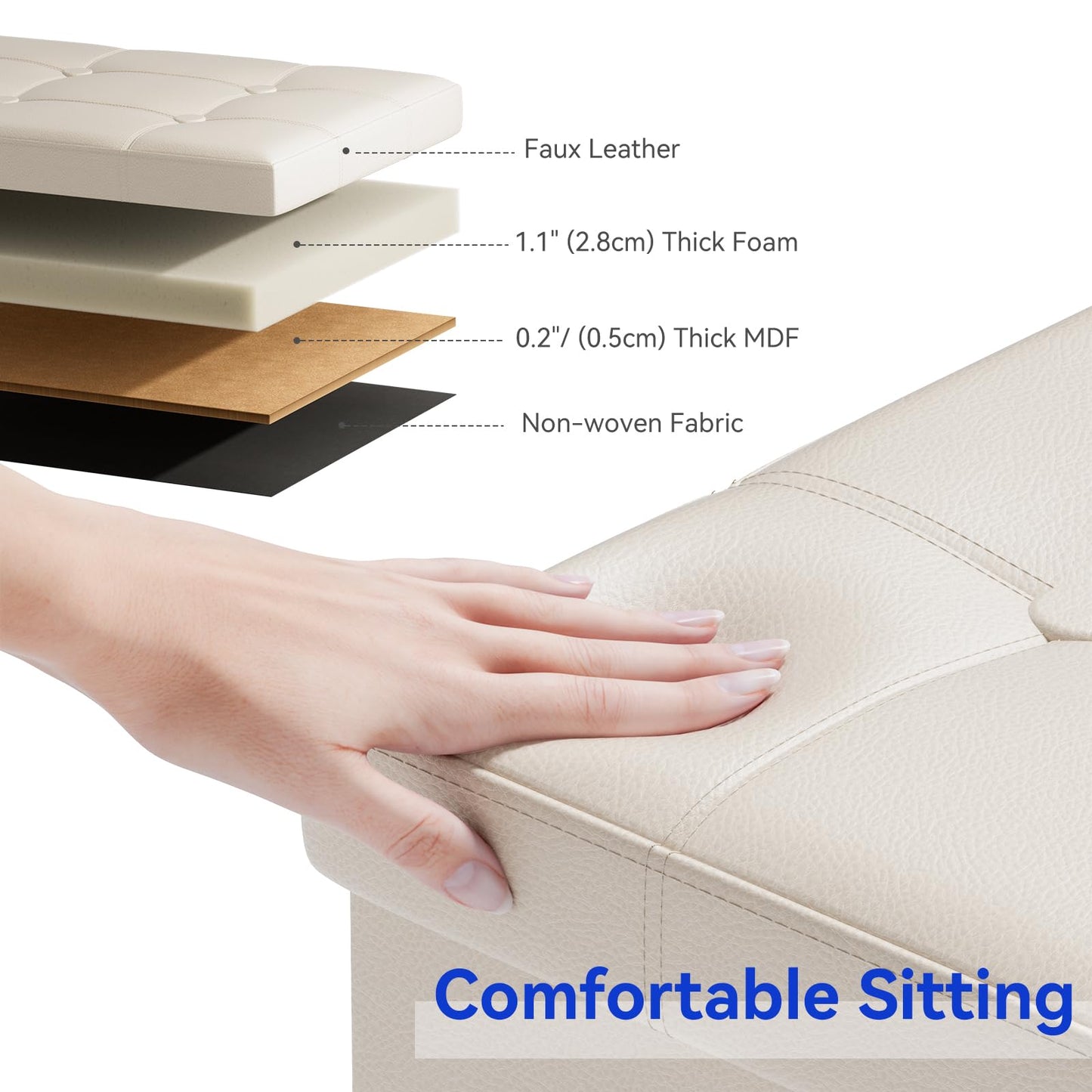 BRIAN & DANY Folding Ottoman Storage Bench with Lid, Foot Stool Faux Leather Large Storage boxes with Lid, Beige, 80 x 40 x 40 cm