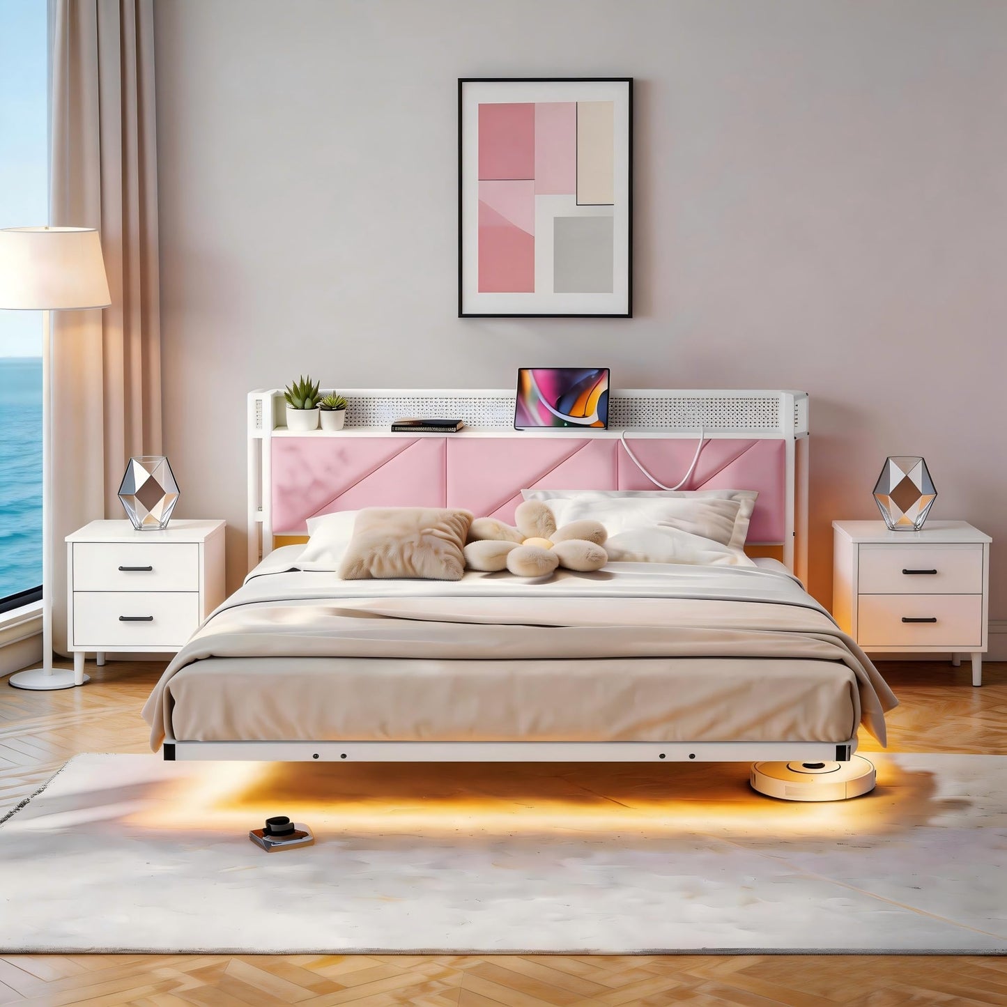 HAHRIR King Size Bed Frame with Floating Upholstered Storage Headboard,Pink