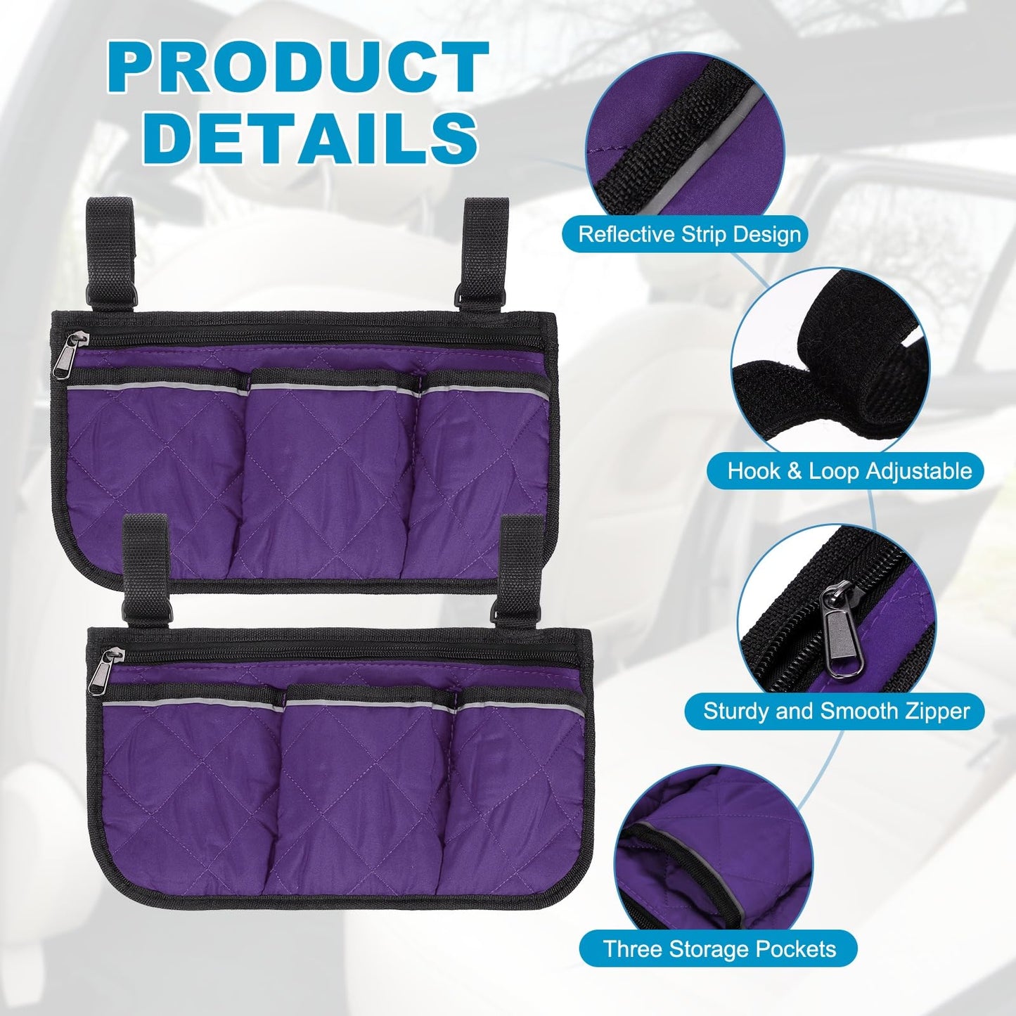 YELARXI Beach Chair Armrest Bag, Beach Side Bag Hanging Storage Organizer with Reflective 4 Pockets Waterproof Pouch 13 x 7" & 2Pcs & Purple