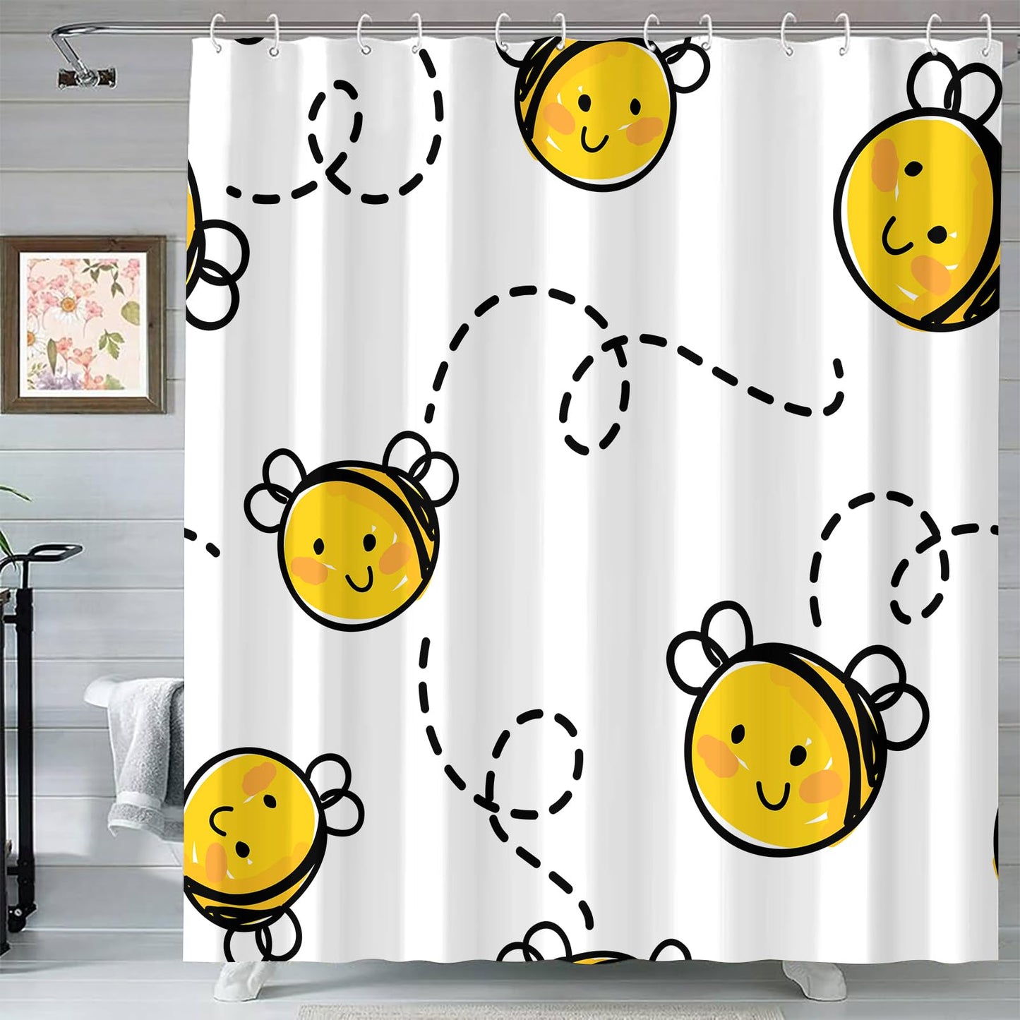 GardEssere Yellow Baby Bee Honey Cute Flying Happy Honeybee Cartoon Insect Shower Curtain for Bathroom White Bath Curtain with 12 Hooks Waterproof