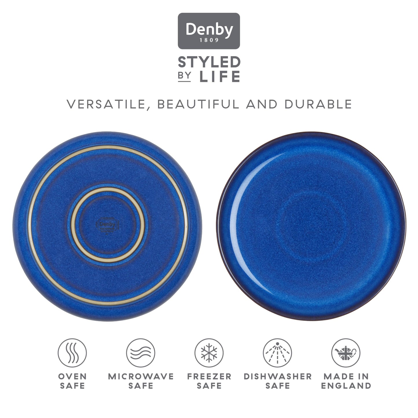 Denby - Imperial Blue Medium Plates Set of 4 - Dishwasher Microwave Safe Crockery 21cm - Royal Blue Coupe Ceramic Stoneware Tableware - Chip & Crack
