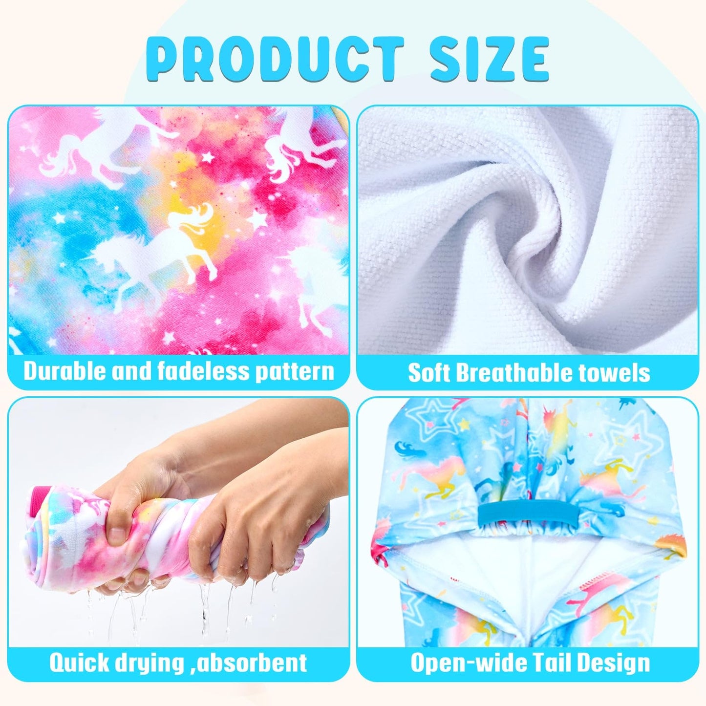 WAWSAM 2 Pack Kids Hair Towel Wrap for Girls, Microfibre Hair Turban Towel Fast Drying, Unicorn Hair Towel Wrap with Elastic Strap for Long Hair