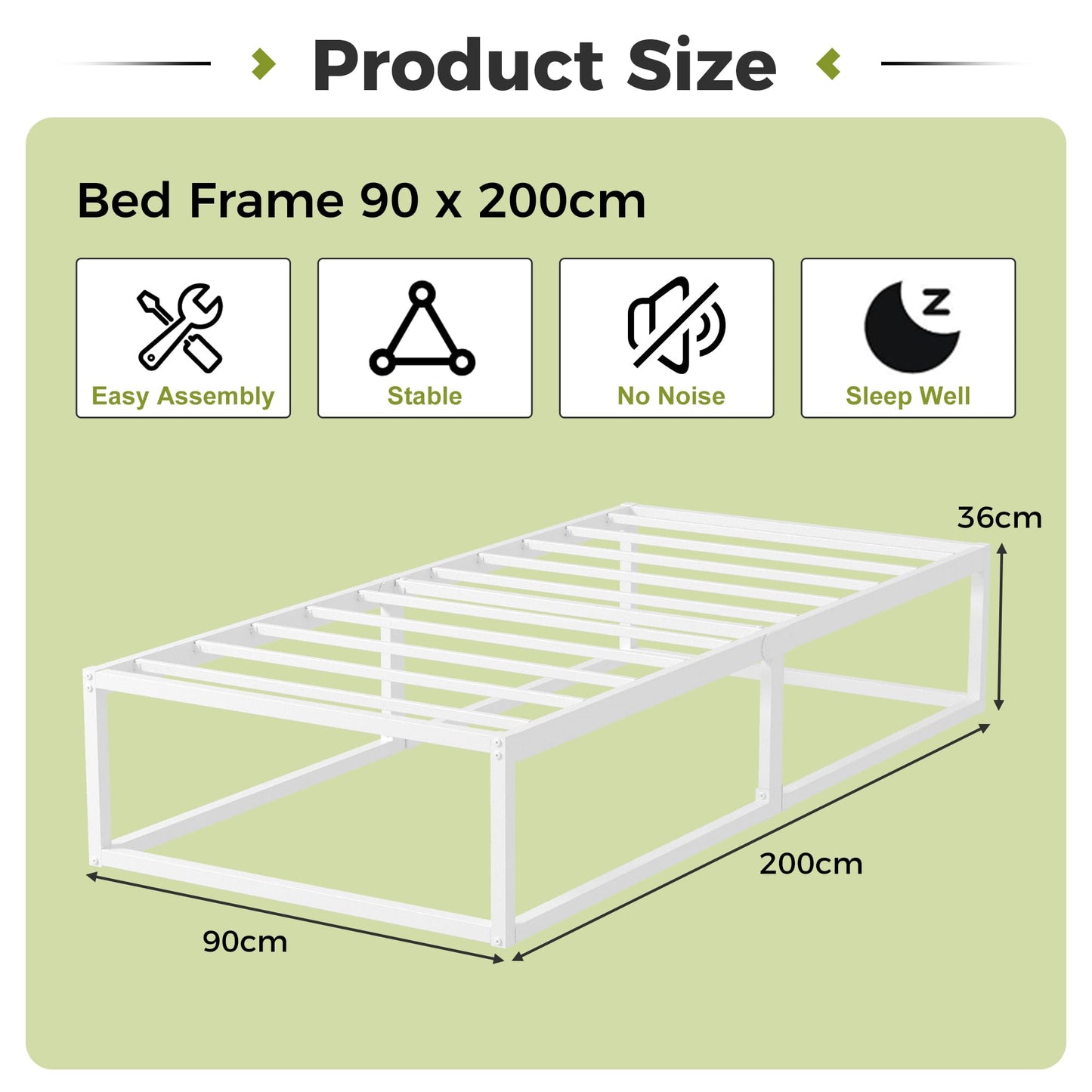 EMODA Metal Bed Frame 90 x 200cm with Steel Slats Support, White