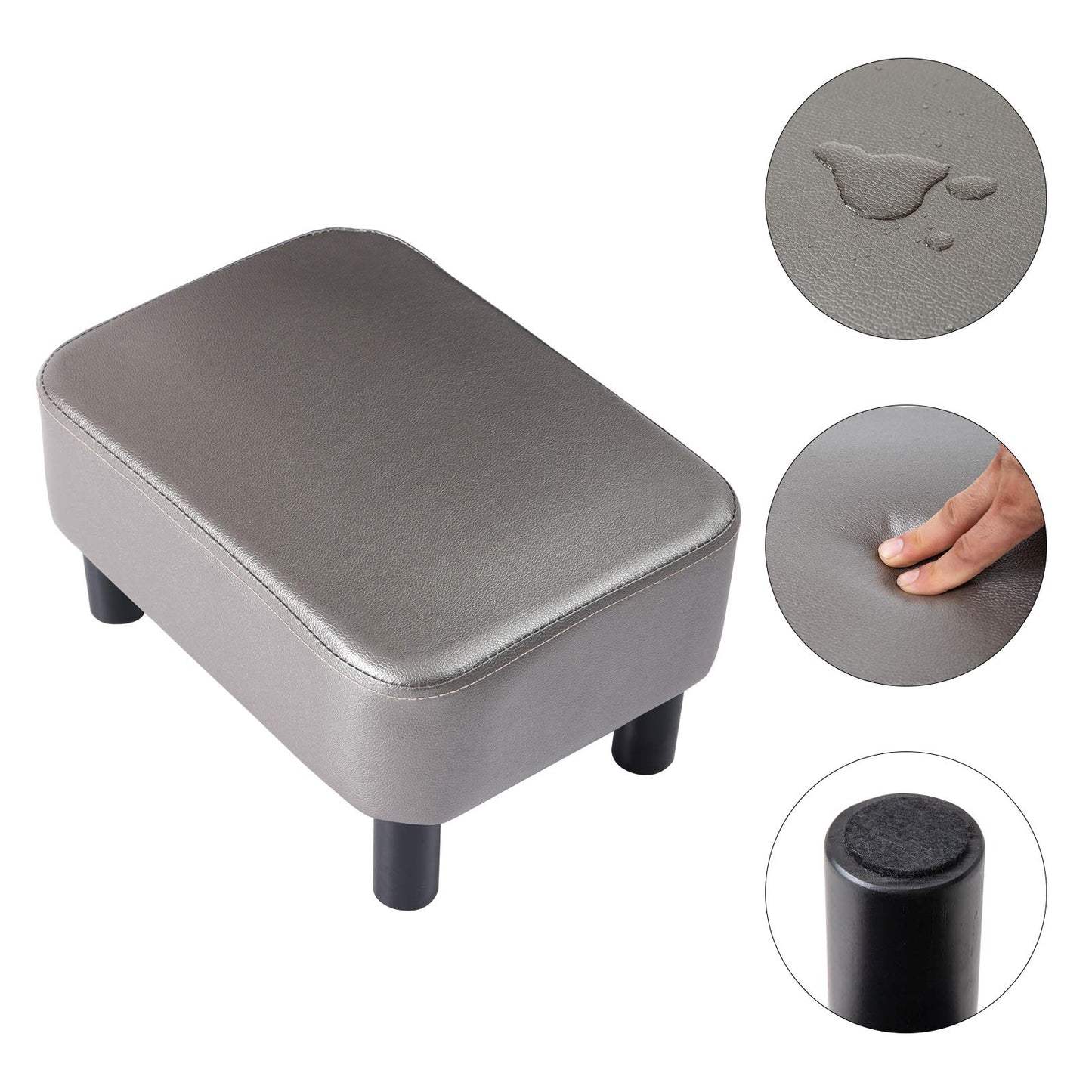 IBUYKE 16.54" Small Footstool PU Leather Ottoman Footrest Modern Home Living Room Bedroom Rectangular Stool, Gray RF-BD211-C
