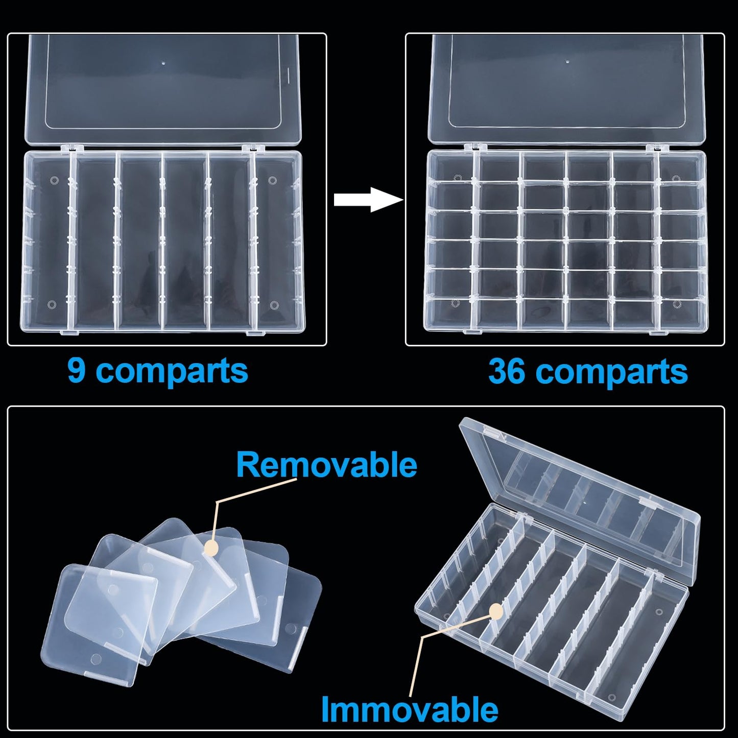 YBhuoo 2 Pack Clear 36 Grids Organiser Storage Box – Plastic Stackable Storage Box with Adjustable Dividers for Crafts, Beads, Jewelry, Art DIY