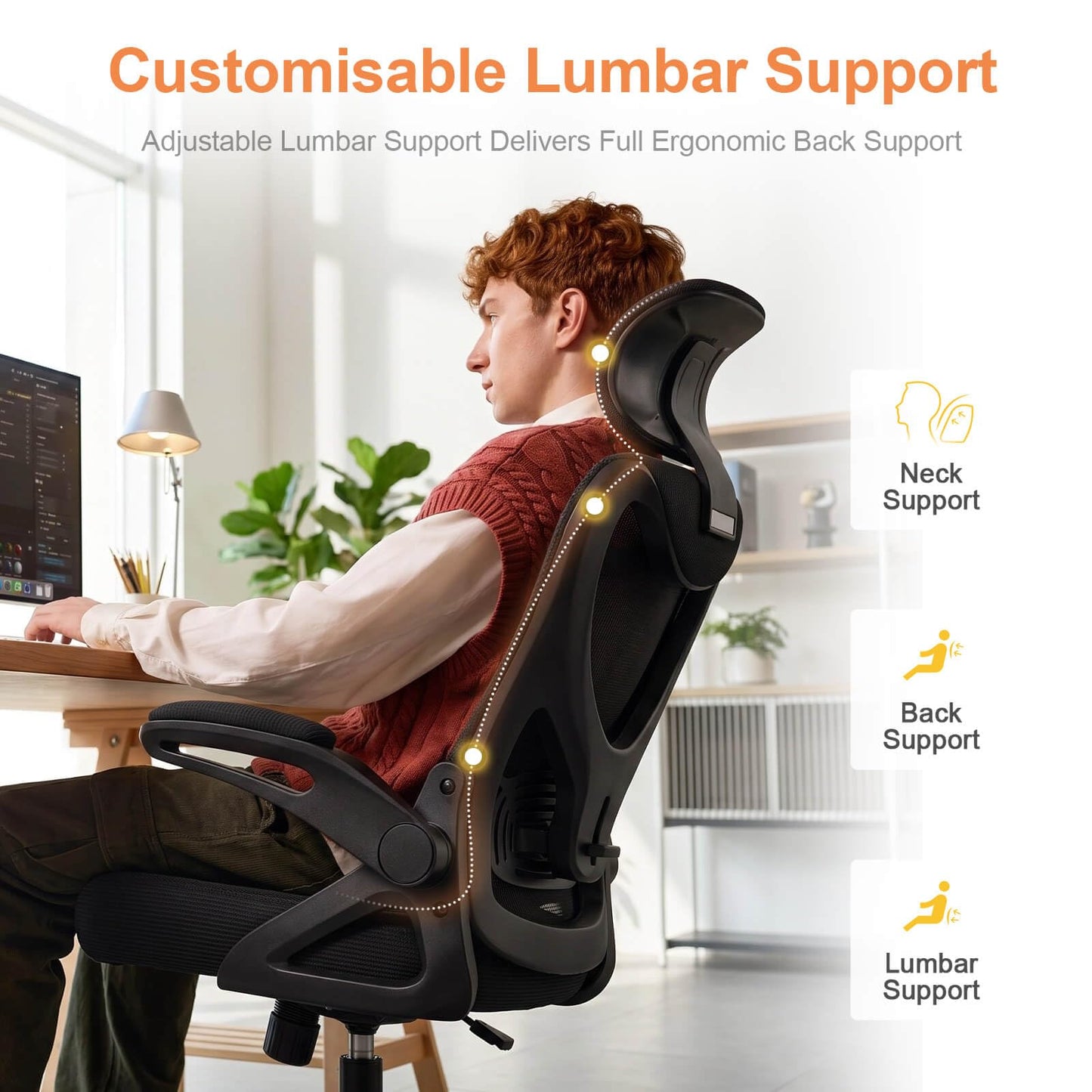 Neezee Office Chair - Ergonomic Desk Chair Breathable Mesh Chair with Adjustable Lumbar Support Headrest