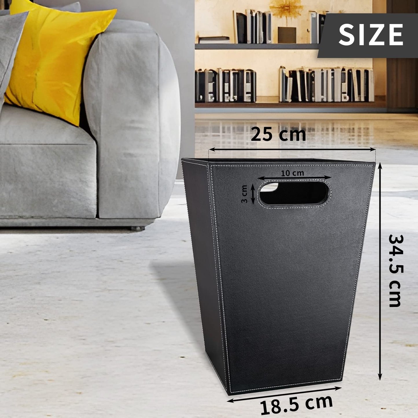 GORESE Office Square Waste Paper Bin Leather Modern Design Waste Paper Bin for Kitchen, Bathroom, Office (Black)