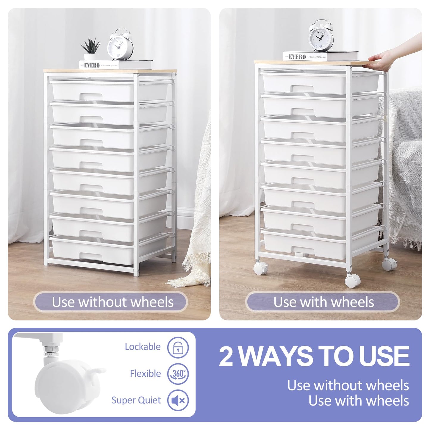 SYKIARIOL 8-Drawer Storage Trolley Rolling Cart with Lockable Wheels, White