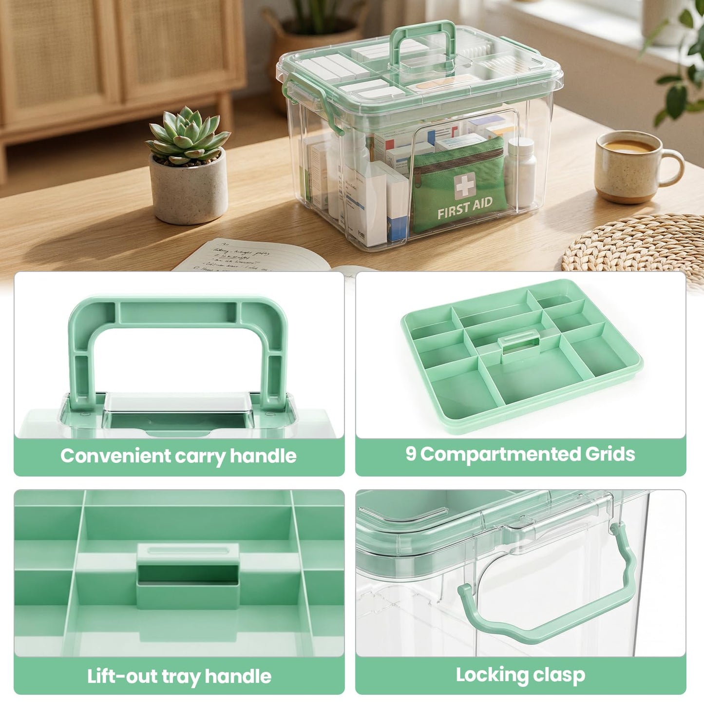 Stidyzo Medicine Storage Box, Large Storage Boxes with Lid, Green
