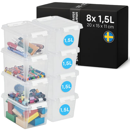 SmartStore - 8x Plastic Storage Box with Lid Classic 1.5L 20x15x11cm |Storage Drawers|Food-Safe Material|Kitchen & Organisation|BPA-Free|Durable