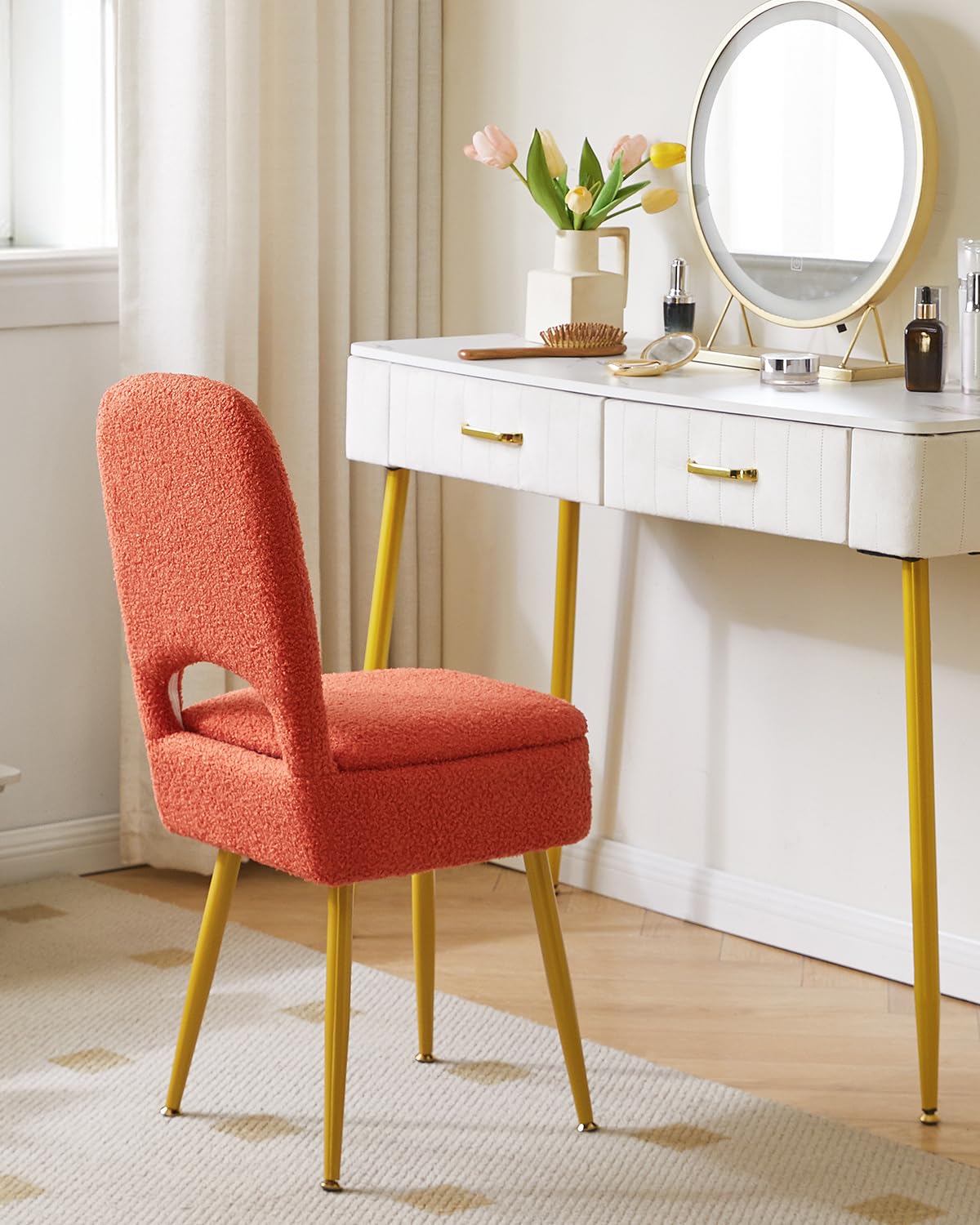 IBUYKE Storage Vanity Stool Chair with Folding Backrest, Orange WBD027J