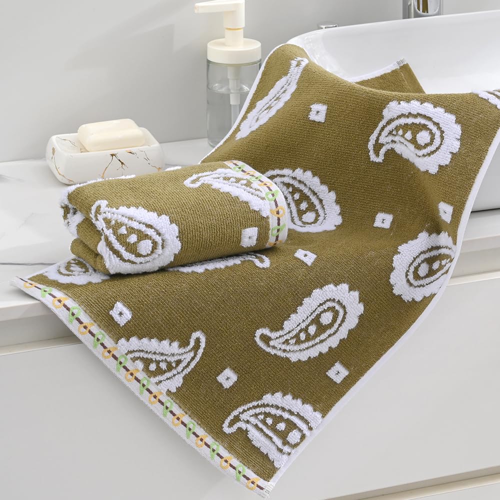 sense gnosis Brown Hand Towels Set of 2 Super Soft 100% Cotton Absorbent Paisley Pattren Jacquard White Terry Double-Sided Bath Hand Towels for