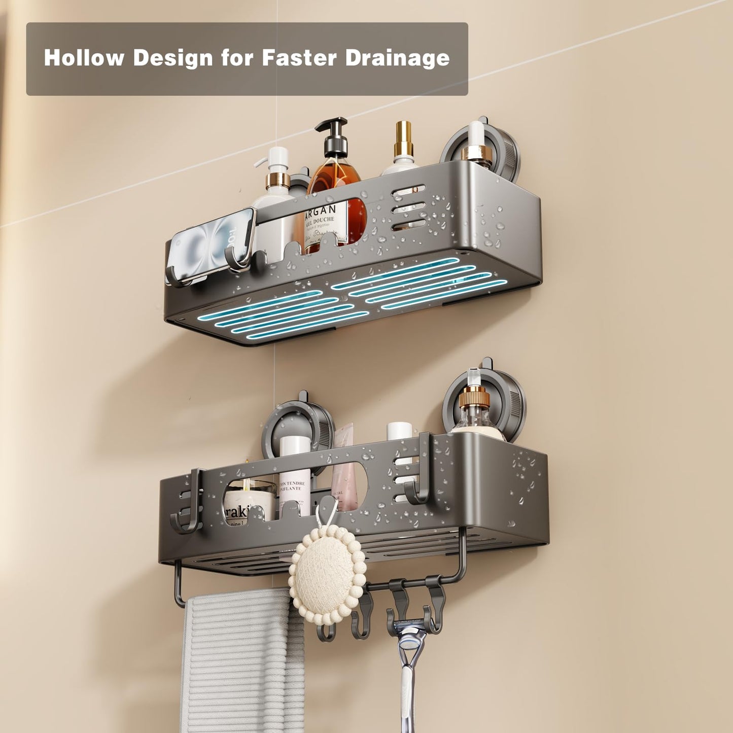 Voldra Shower Caddy Suction Cup, Adhesive Bathroom Shelves Shower Storage Wall Mounted Aluminum Bathroom Caddy Stick on Shower Organiser Rack With 4