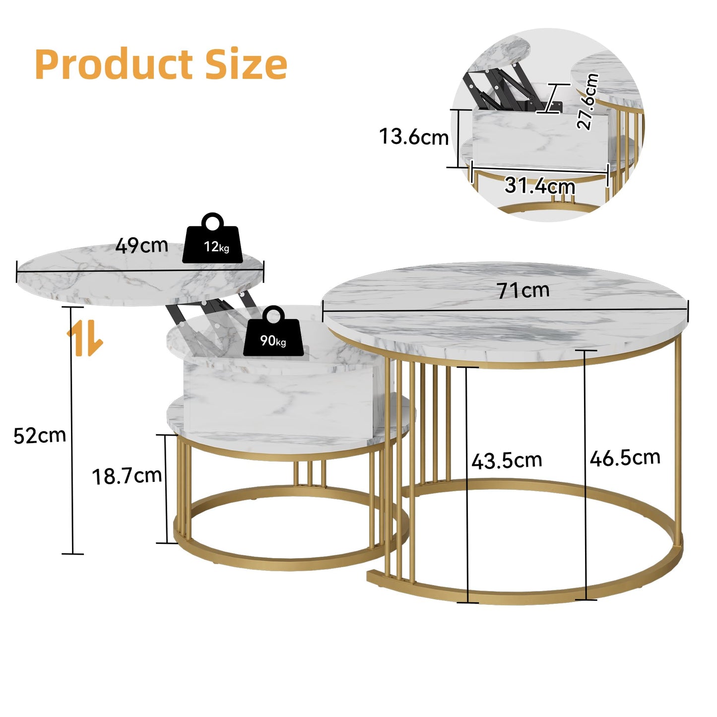 PURFINO Round Coffee Table - 70cm/50cm Nesting Tables Set of 2, Hydraulic Lift-Top with Hidden Storage, Centre Table for Living Room, Small Space