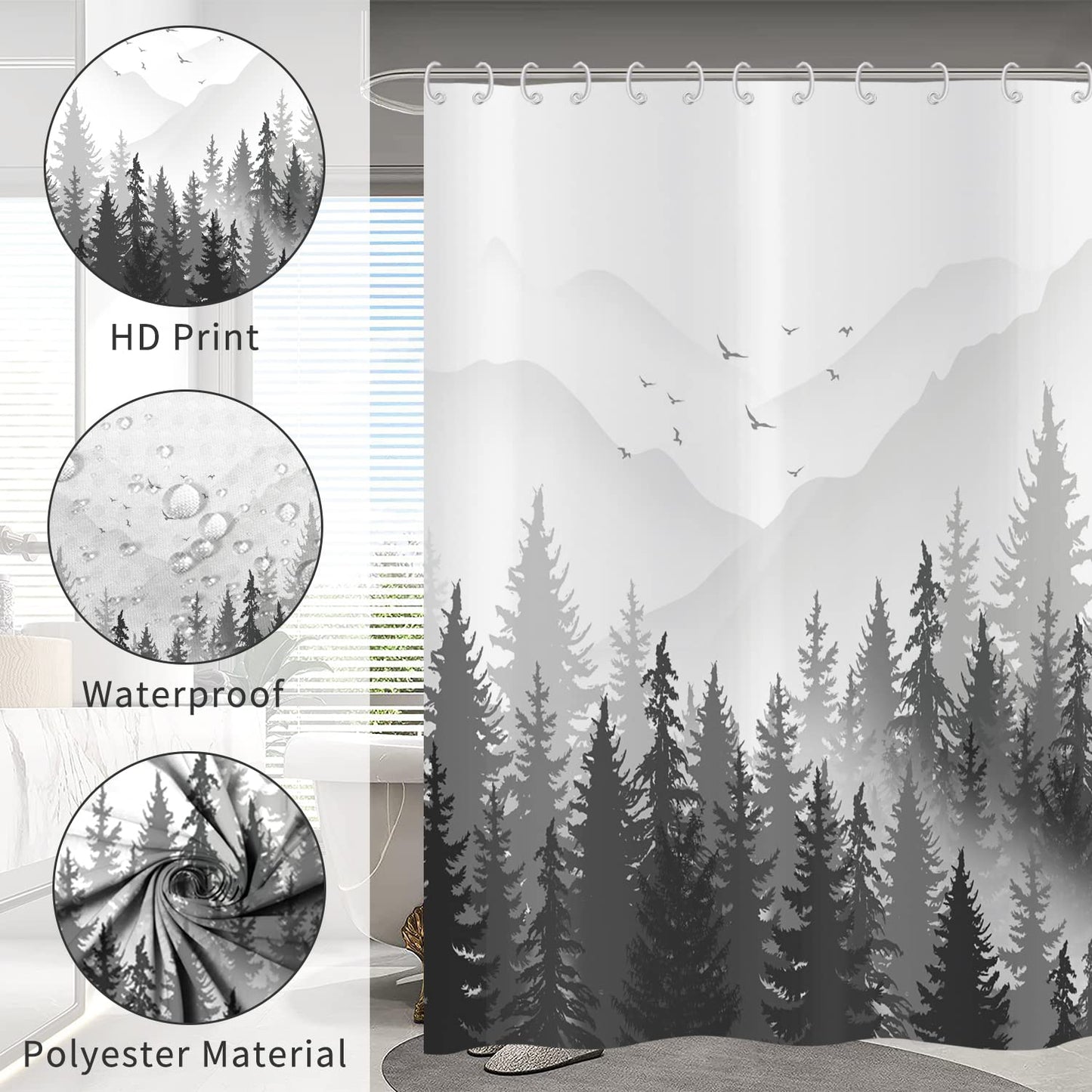 Hnmdmyi Black and White Shower Curtain 180x200, Misty Forest Mountain Ombre Grey Foggy Nature Tree Woodland Landscape Bathroom Curtains Waterproof