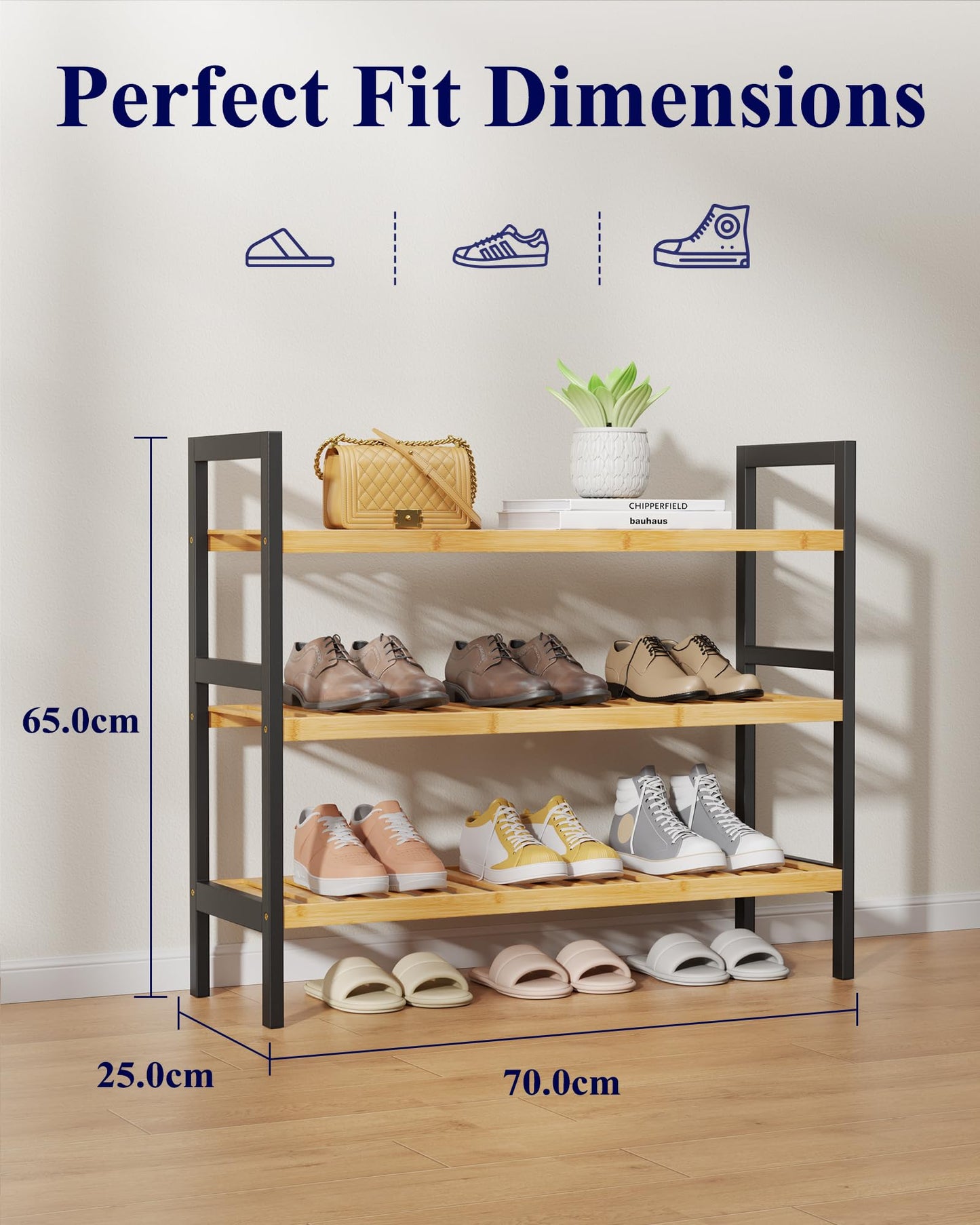 Kitsure Bamboo Shoe Rack – 3-Tier Bamboo Wooden Shoe Rack with Built-in Handle, Easy Assembly Shoe Storage for Entryway, Closet or Bedroom