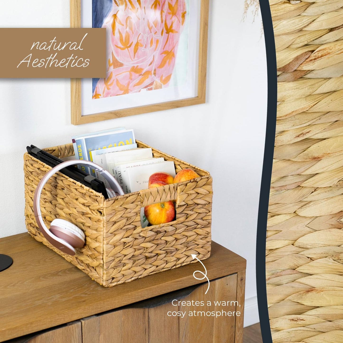 HMF storage basket woven from water hyacinth, decorative basket with carry handles for storage in the bathroom, kitchen and living area | Set of 2