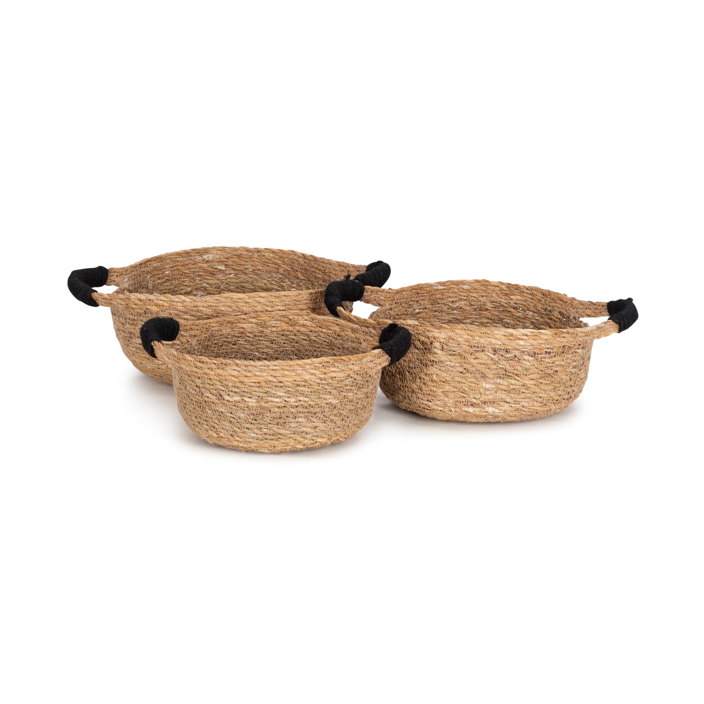 Olly & Rose Set 3 Natural Seagrass Storage Baskets with Black Handles - Durable 25,22,19cm Premium Home Decor