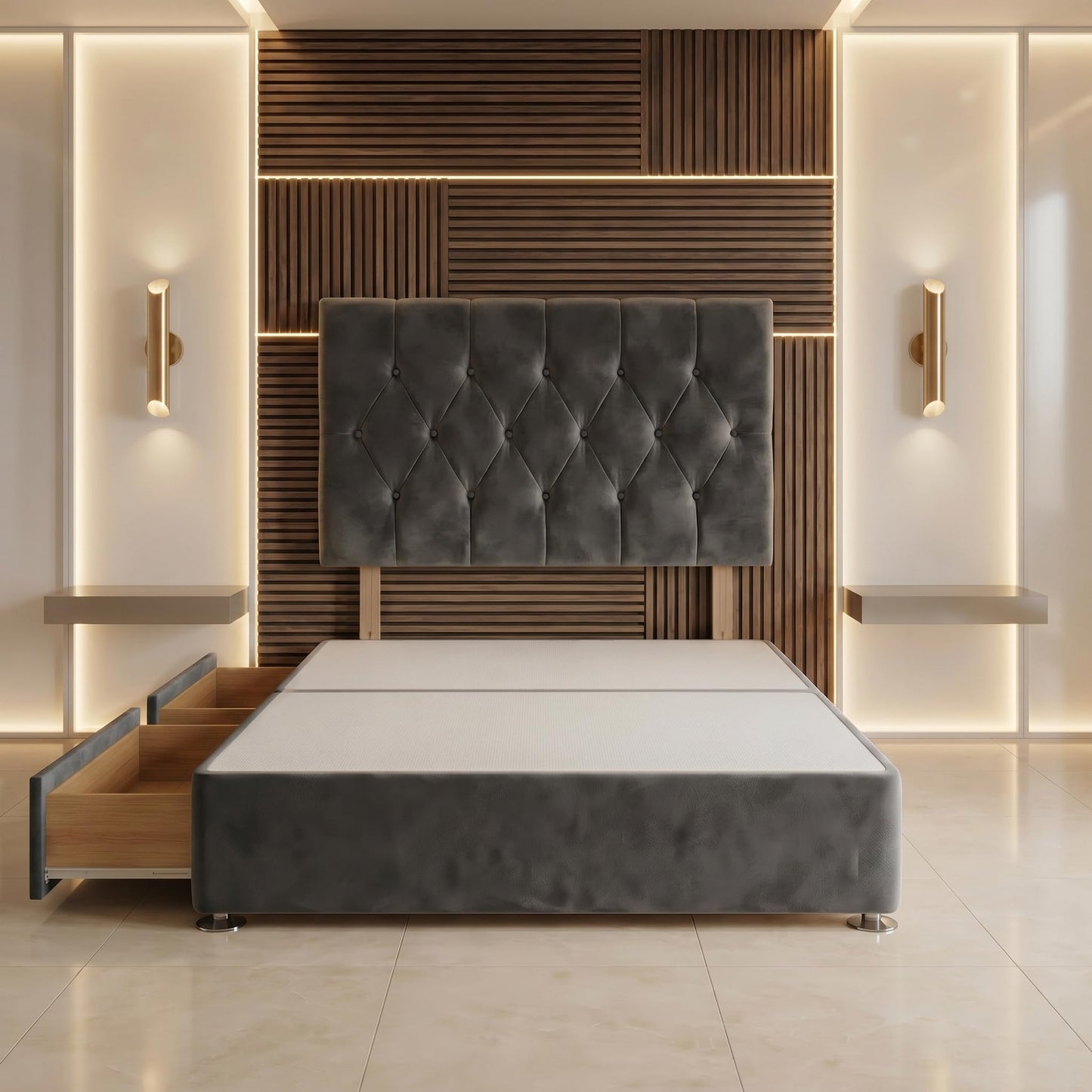 Bed Centre Divan Bed Base with Headboard – 2FT6 Small Single | Charcoal Plush Fabric | No Drawers | Luxury Upholstered Headboard