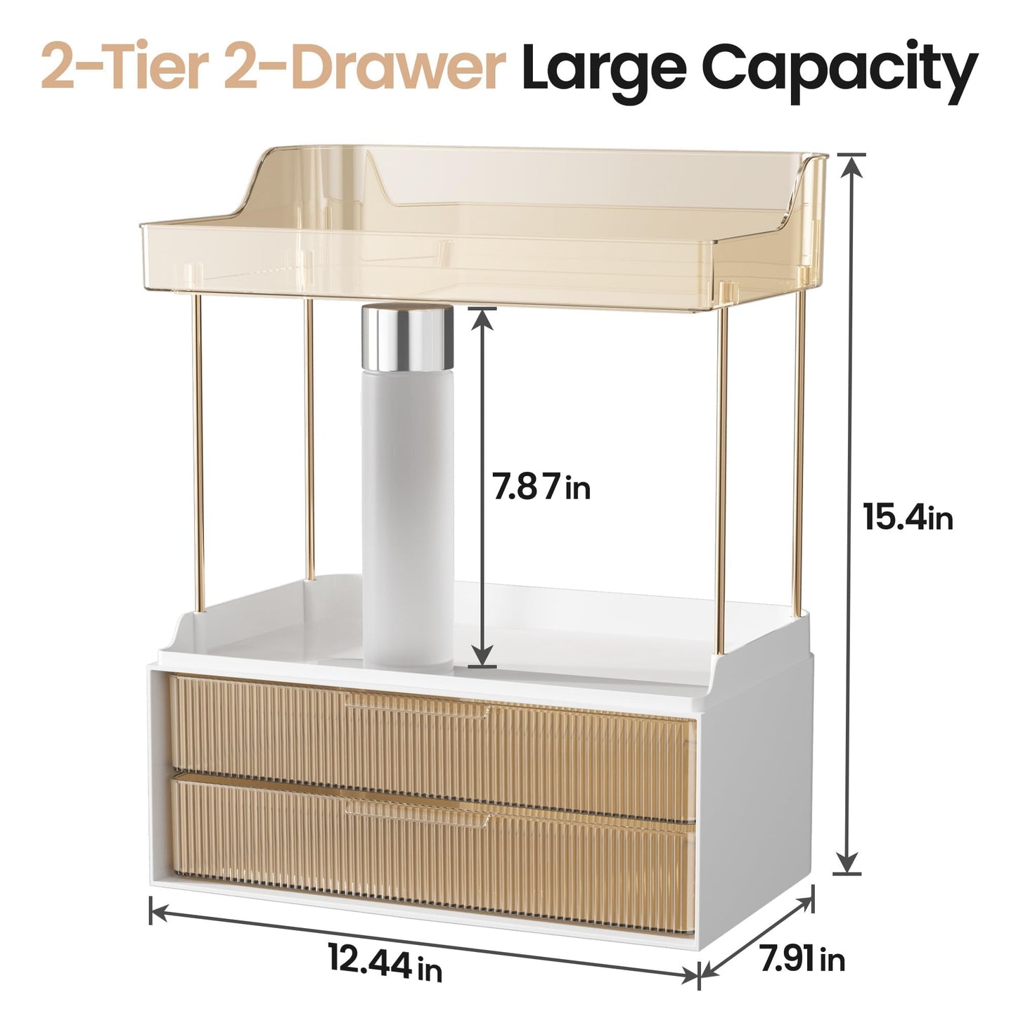 Delamu Makeup Organiser, 2 Tier 2 Drawer Large Cosmetic Storage, Multi-Purpose Vanity Organizer for Makeup Brushes, Skincare, Perfume