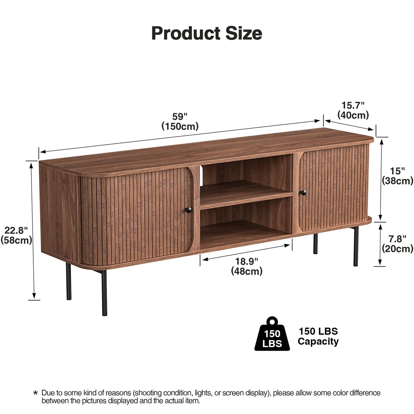 Skokliz TV Stand Cabinet for TVs up to 65 inch, Mid-Century Modern TV Console with 2 Tambour Door Storage, 150cm Long TV Cabinets for Living Room