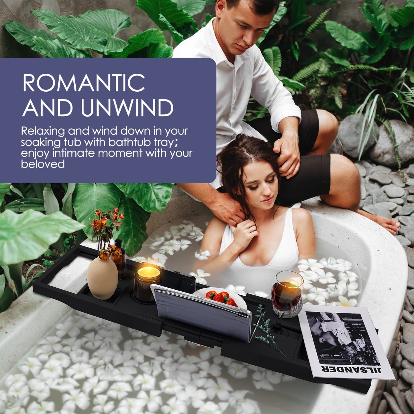 Foldable Bathtub Plate, Bamboo, Bath Shelf with Wine Glass Holder, Book Holder, Telephone, Tablet with Pull-Out Sides, Adjustable Soap Holder